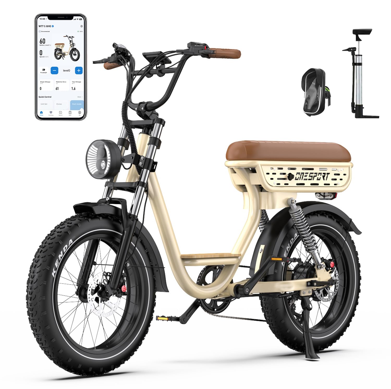 Onesport W66/W77 E Bike Elettrica, 20 X 4 Pollici Fat Tire Ebike con Batteria 48V 18AH/13.5AH Autonomia 30-100KM, Sospensione Integrale & Freni Idraulici, Bici Elettrica Uomo e Donna con Bluetooth APP
