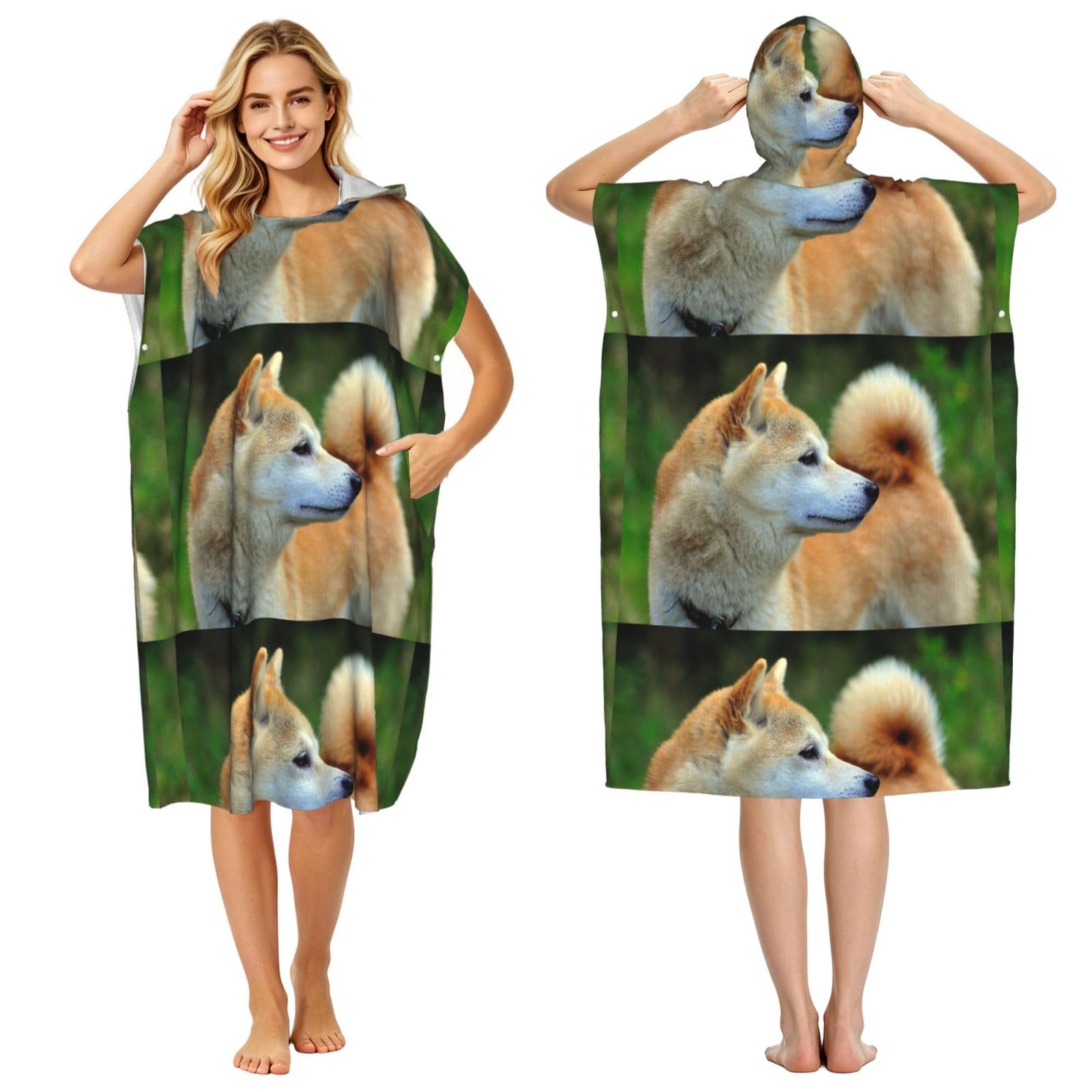 Poadnly Akita Inu Bokeh Pets Dogs Akita Inu, Adult Hooded Beach Towel 90 x 110 cm,Changing Bath Robe, Surf Poncho Towel For Women Men