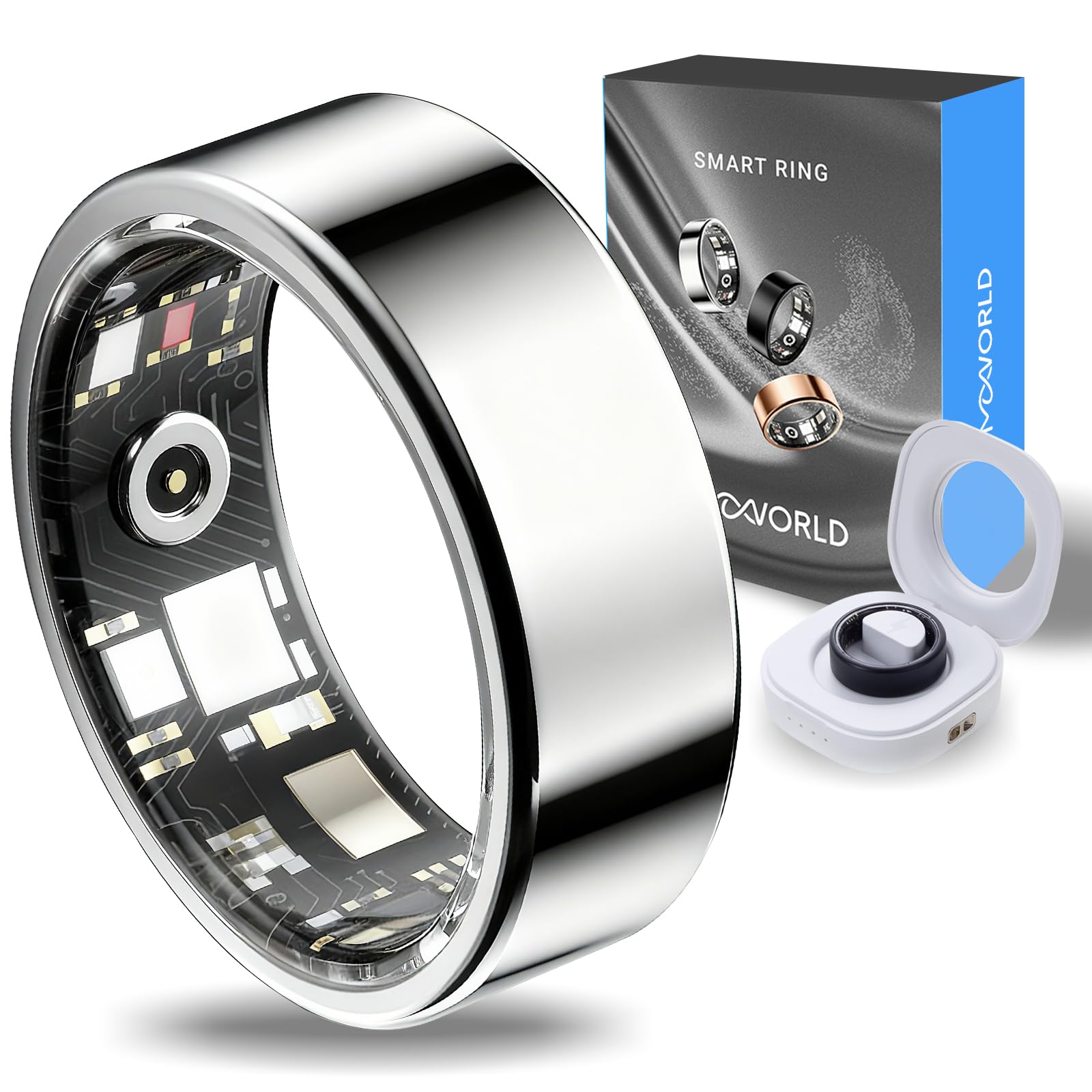 Mworld Smart Ring for Stress &amp; Emotional Tracking, Health Fitness Tracker with Heart Rate Monitor, Sleep Analysis, 10ATM Waterproof, for Men and Women - Steel Material (Silver, 8)