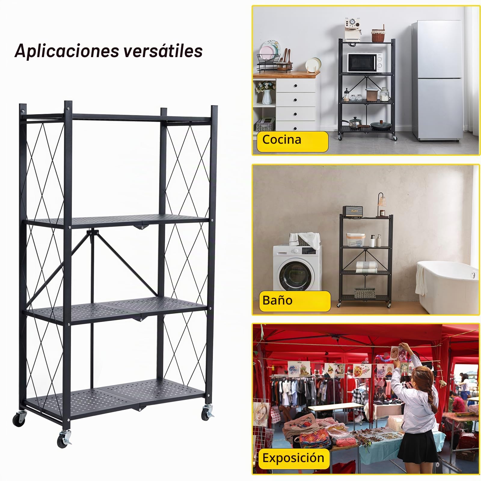 BRIAN & DANY Estanteria Plegable con Ruedas 4 Niveles, Negro Estante de Almacenaje Plegables de Metal, Carga Pesada Estante Plegable para Cocina, Oficina, Garaje, 71 x 34 x 126 cm