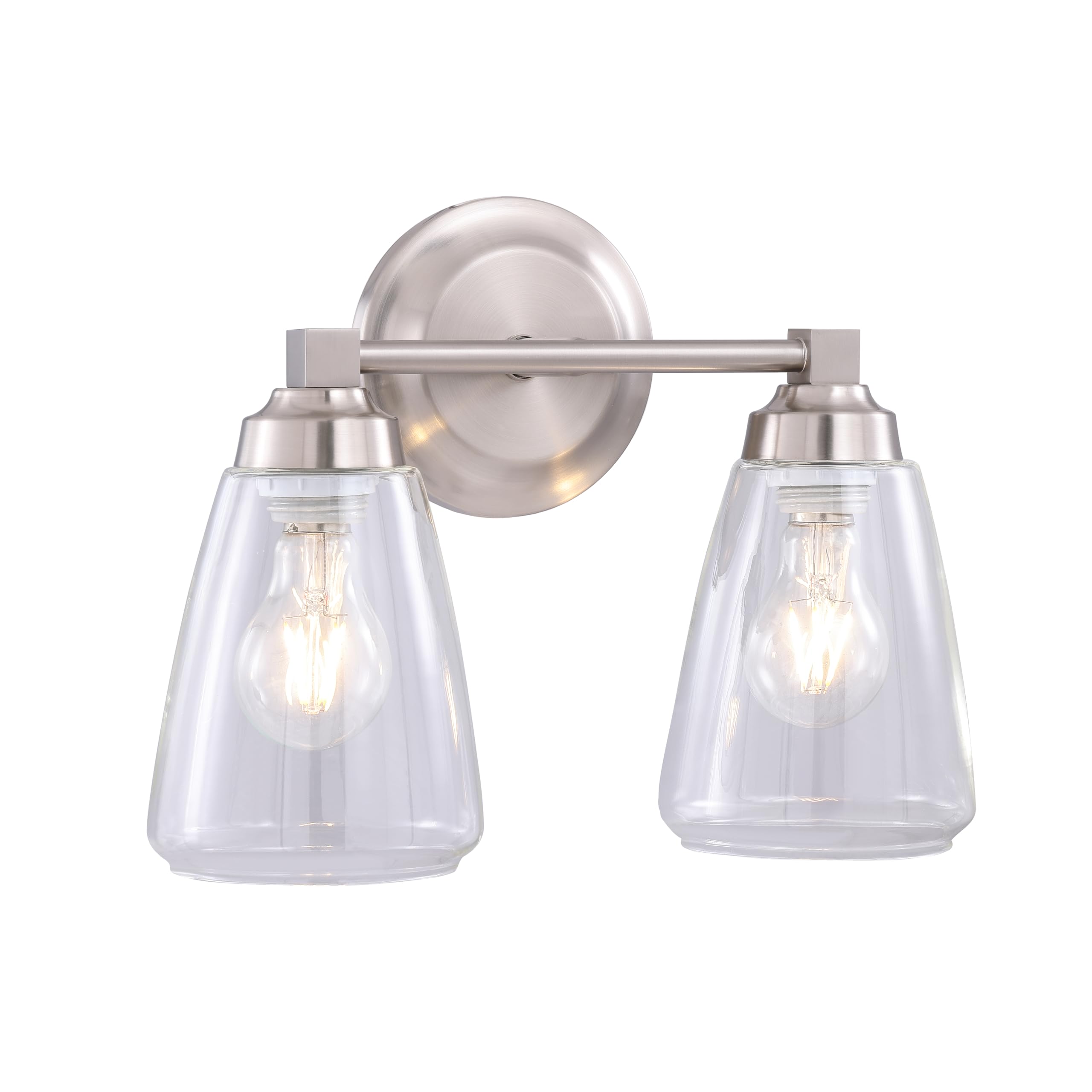 Aspen Creative 62732-09-2, Two-Light Metal Bathroom Vanity Wall Light Fixture, 13 3/8" Wide, Transitional Design in Satin Nickel with Clear Glass Shade