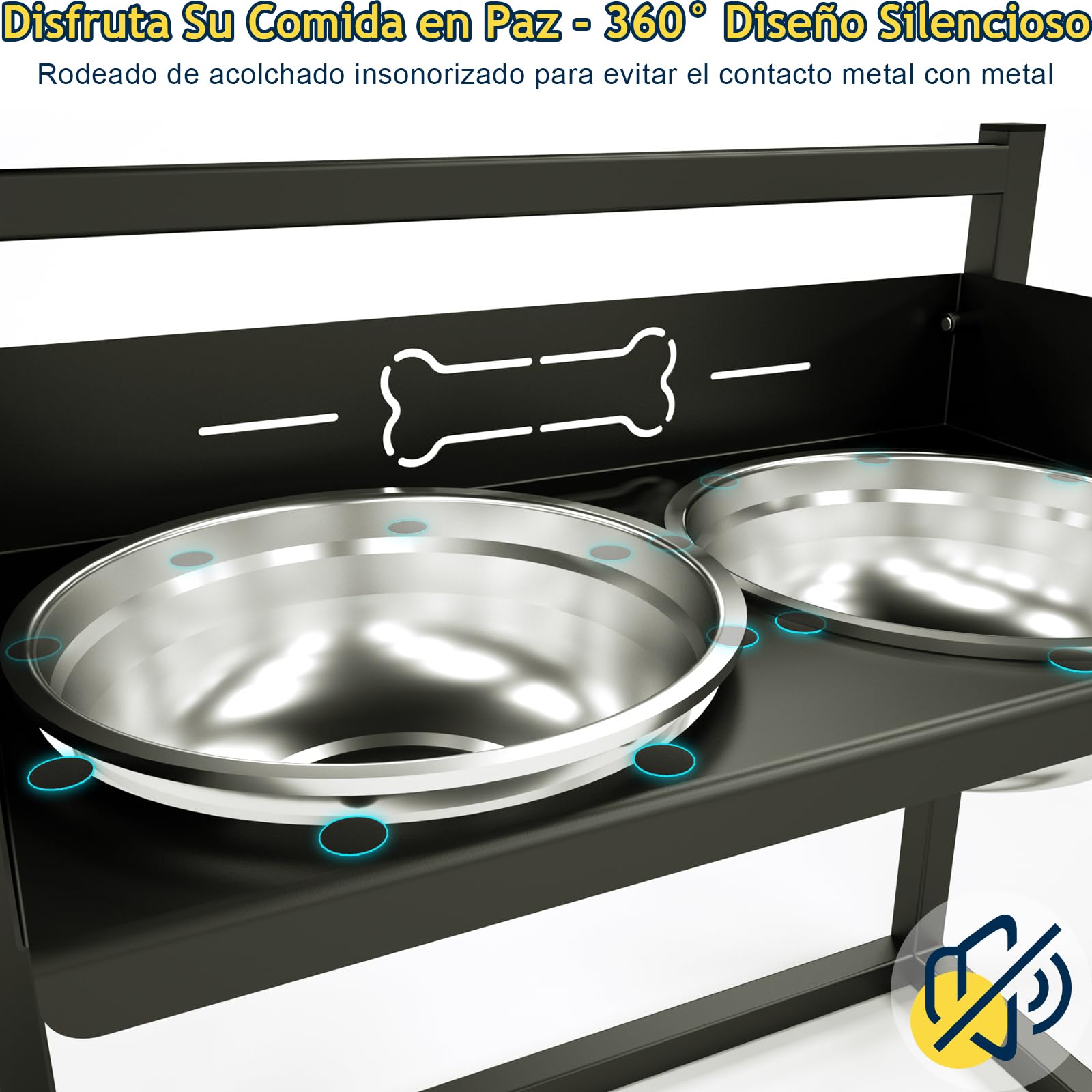 Comedero Elevado para Perros con Cercar de 7cm, Altura Ajustable en 5 Niveles, 2 Recipientes de Acero Inoxidable (3L x 2), Soporte Estable Comederos de Raza Gigante, Grande y Mediano