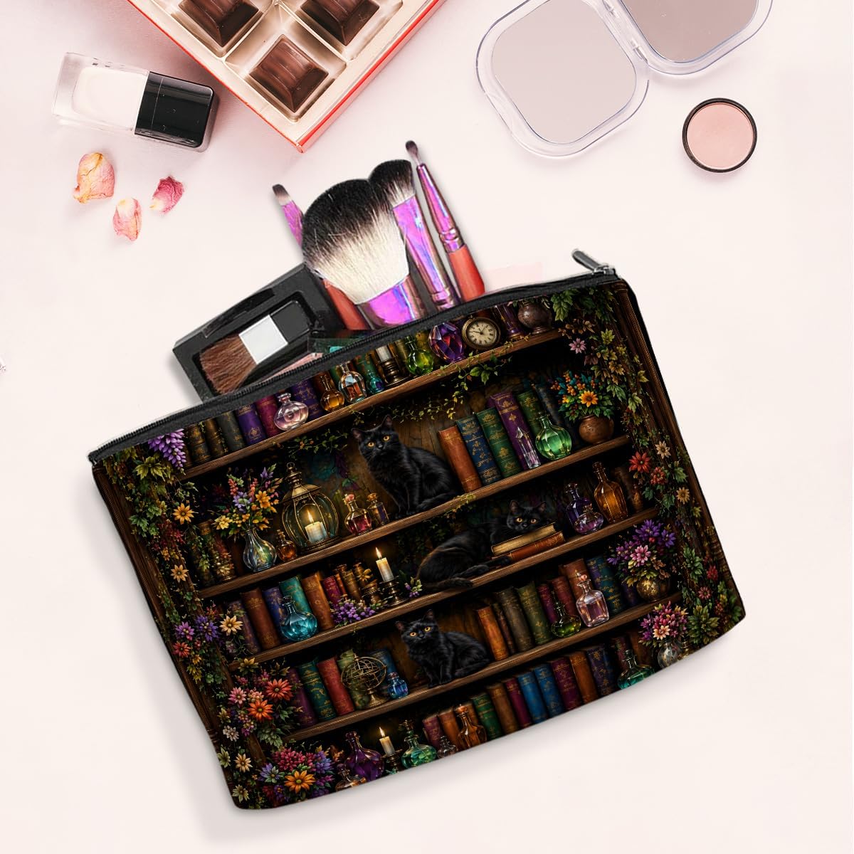 Gothic Black Cat Makeup Bag Cosmetic Bag, Goth Bookshelf Makeup Organizer image 2