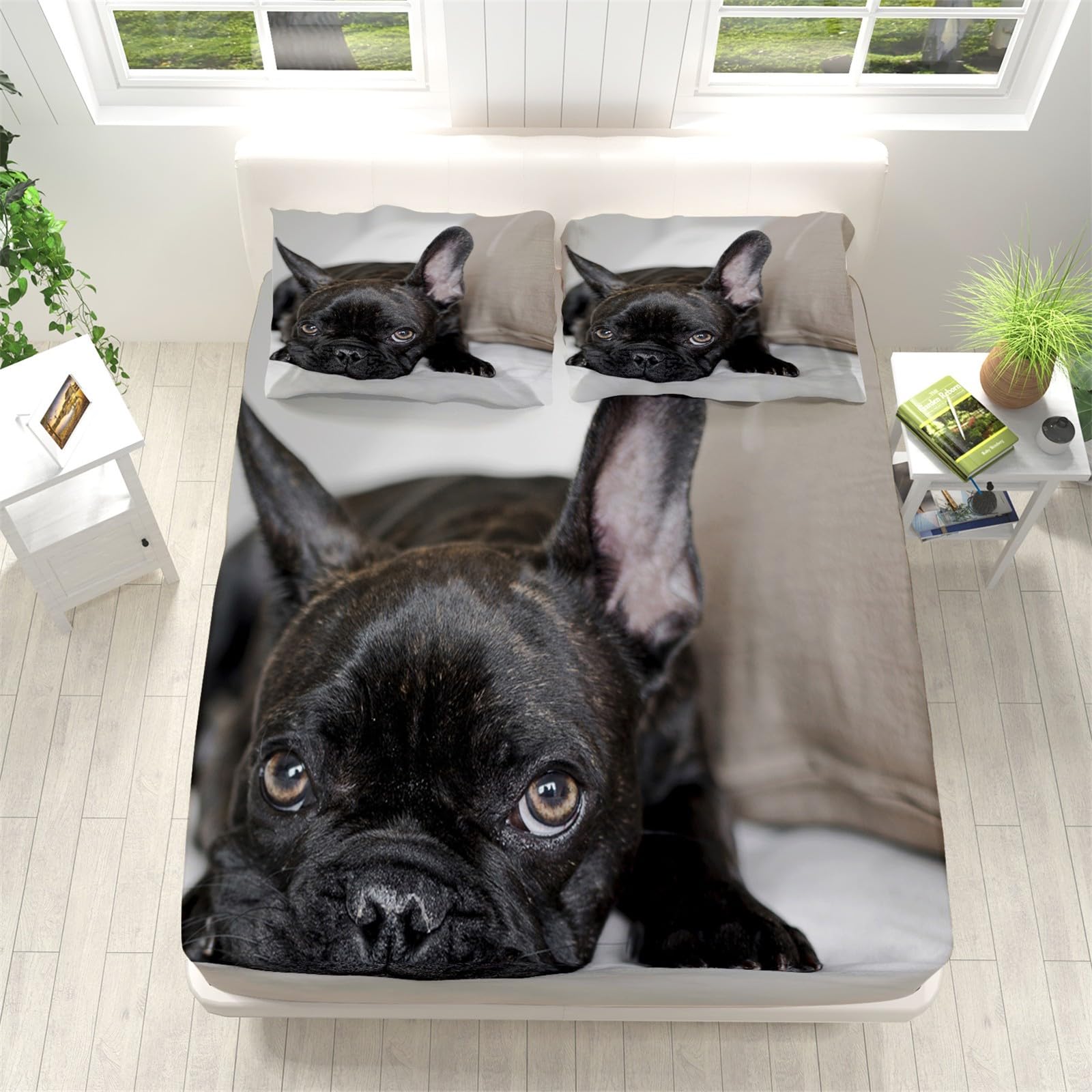 Buio Lenzuolo con Angoli Matrimoniale 180x200cm - Bulldog Francese Nero Animale Lenzuolo con Angoli in Microfibra Morbido - Altezza Materasso Fino a 30 cm - Traspirante e Lavabile con 2 Federe