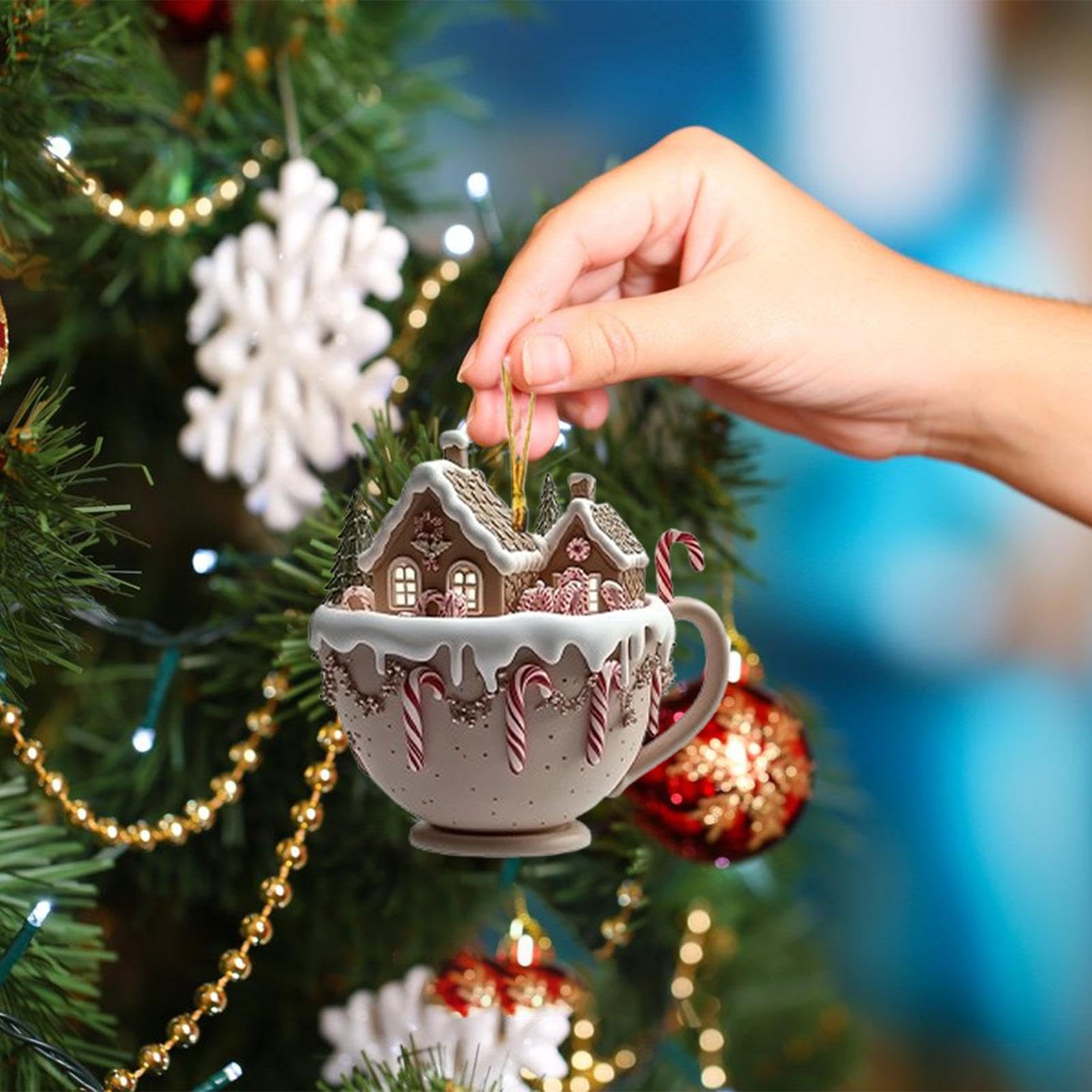 Décoration De Noël Acrylique 2D - Tasse à Café Et Maison De Neige, Pour Sac à Dos, Bureau, étagère