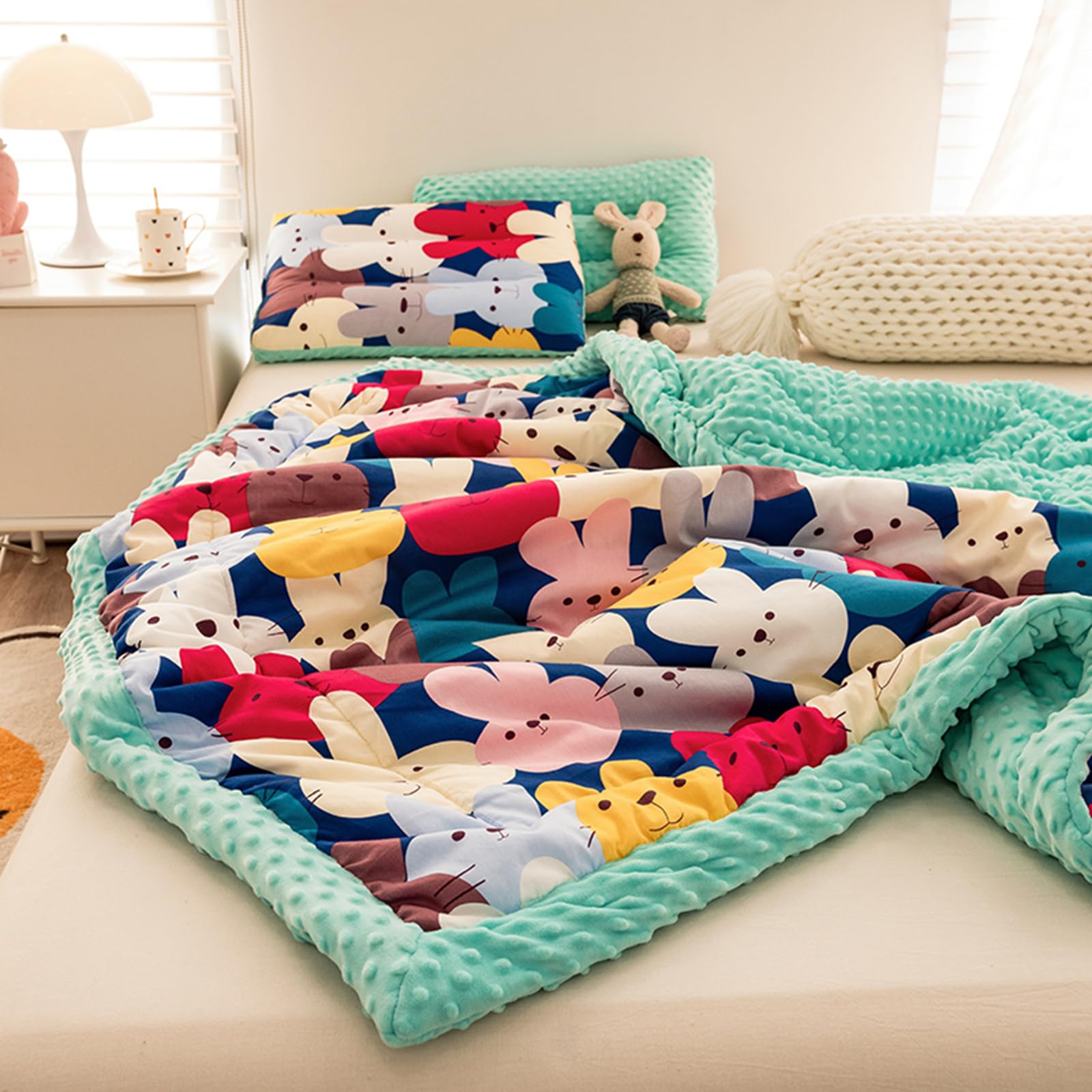 Kuscheldecke Wendedecke aus Minky, 3D-Noppen Decke, Dicke Wohndecke aus Baumwolle & Weichem Fleece, Atmungsaktive Flauschdecke Sofadecke Tagesdecke für Ganzjahres, Cartoon Bunt Hase, 120x150 cm