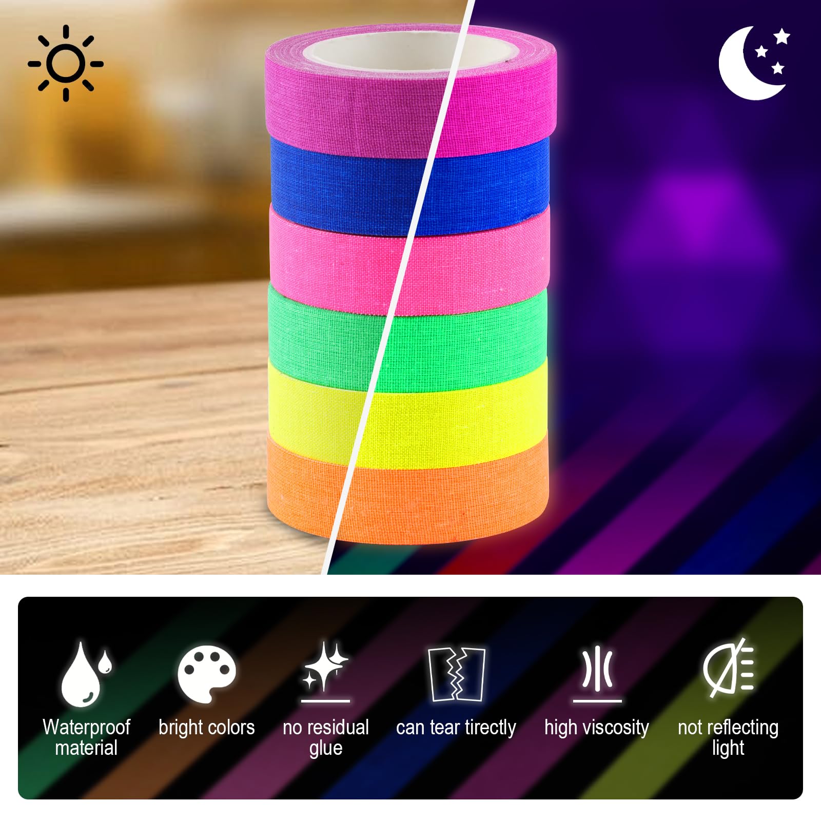 Nastro Neon 6 Rotoli | Fluorescente UV Blacklight | 25mm X 15m | 6 Colori | Per Feste E Decorazioni