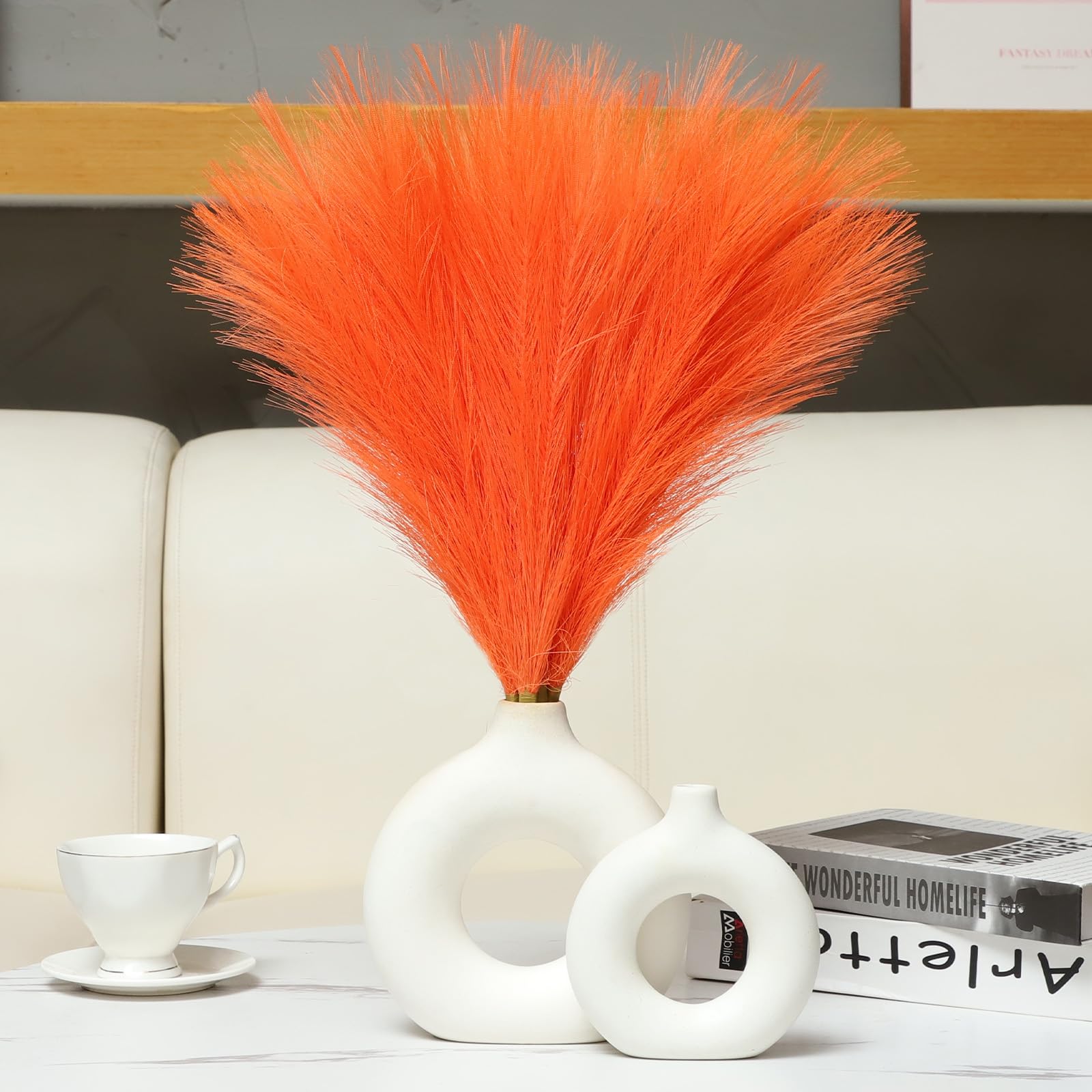Ureymx - Decoración de zacate sintética de pampas de 17.7 pulgadas, 6 unidades, pompas artificiales, flores secas, florero pequeño, relleno para decoración de bodas o hogar (naranja)