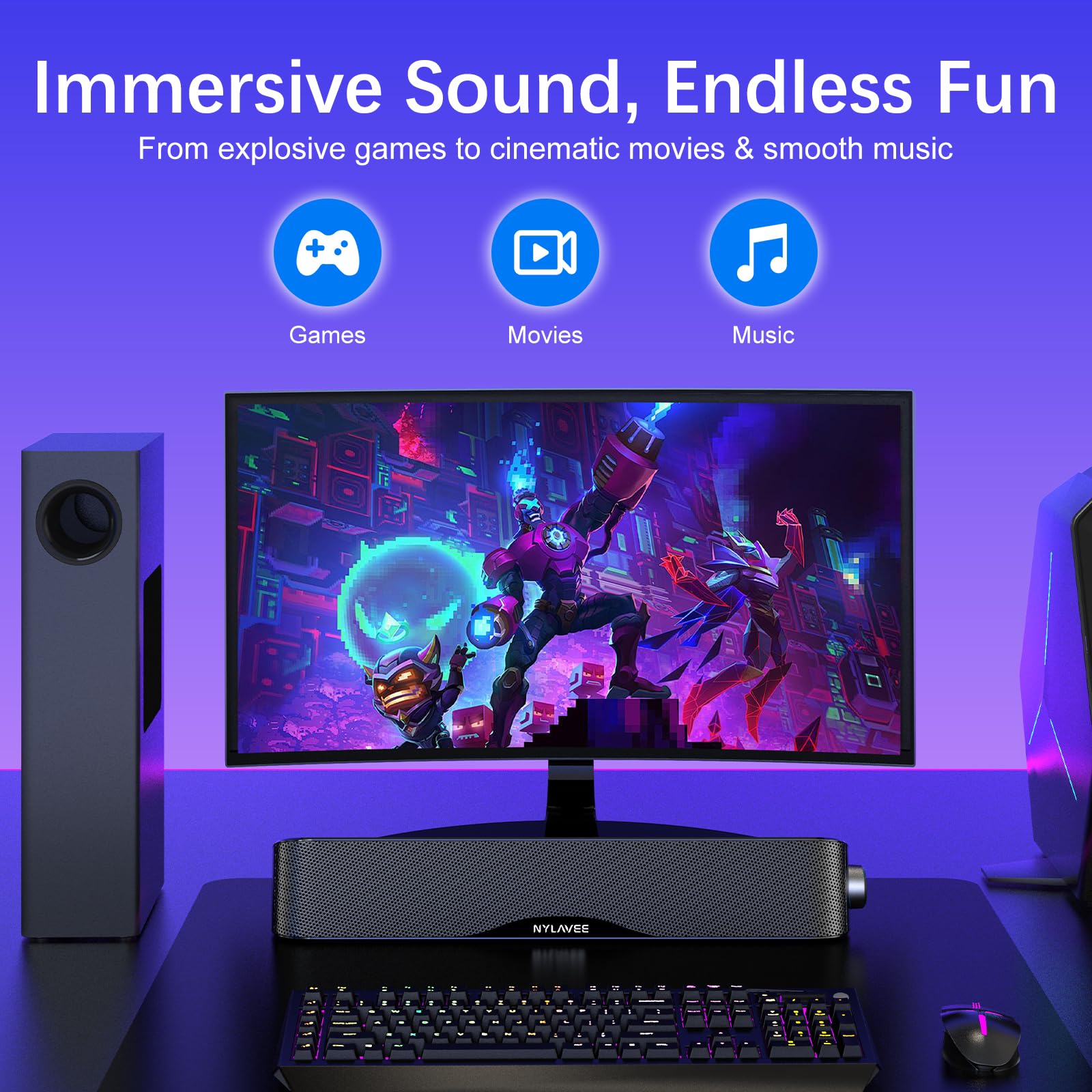 Nylavee Głośniki komputerowe z subwooferem, system głośników 2.1 PC z Bluetooth 5,4 i 3,5 mm Aux-in, moc szczytowa 60 W, zasilacz sieciowy do komputera stacjonarnego, laptopa, monitora, gier