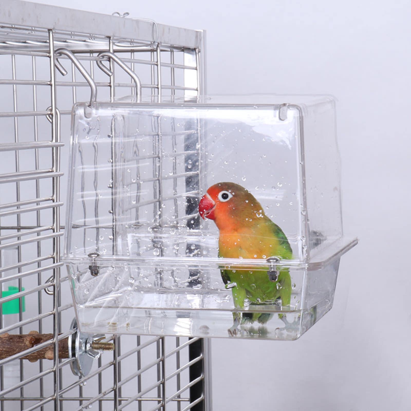 Bird Bath Cage Attachment With Water Injector - Clear/Blue PVC Bath For Small & Medium Birds (Cockatiels, Parakeets, Finches)