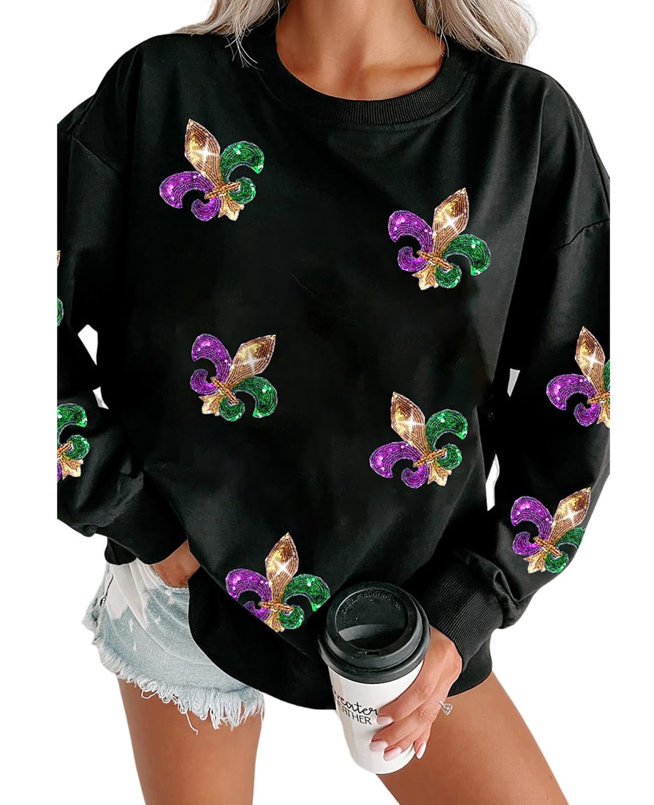 SELINK Womens Mardi Gras Sweatshirt Oversized Crewneck Sequin Long Sleeve Casual Pullover Tops