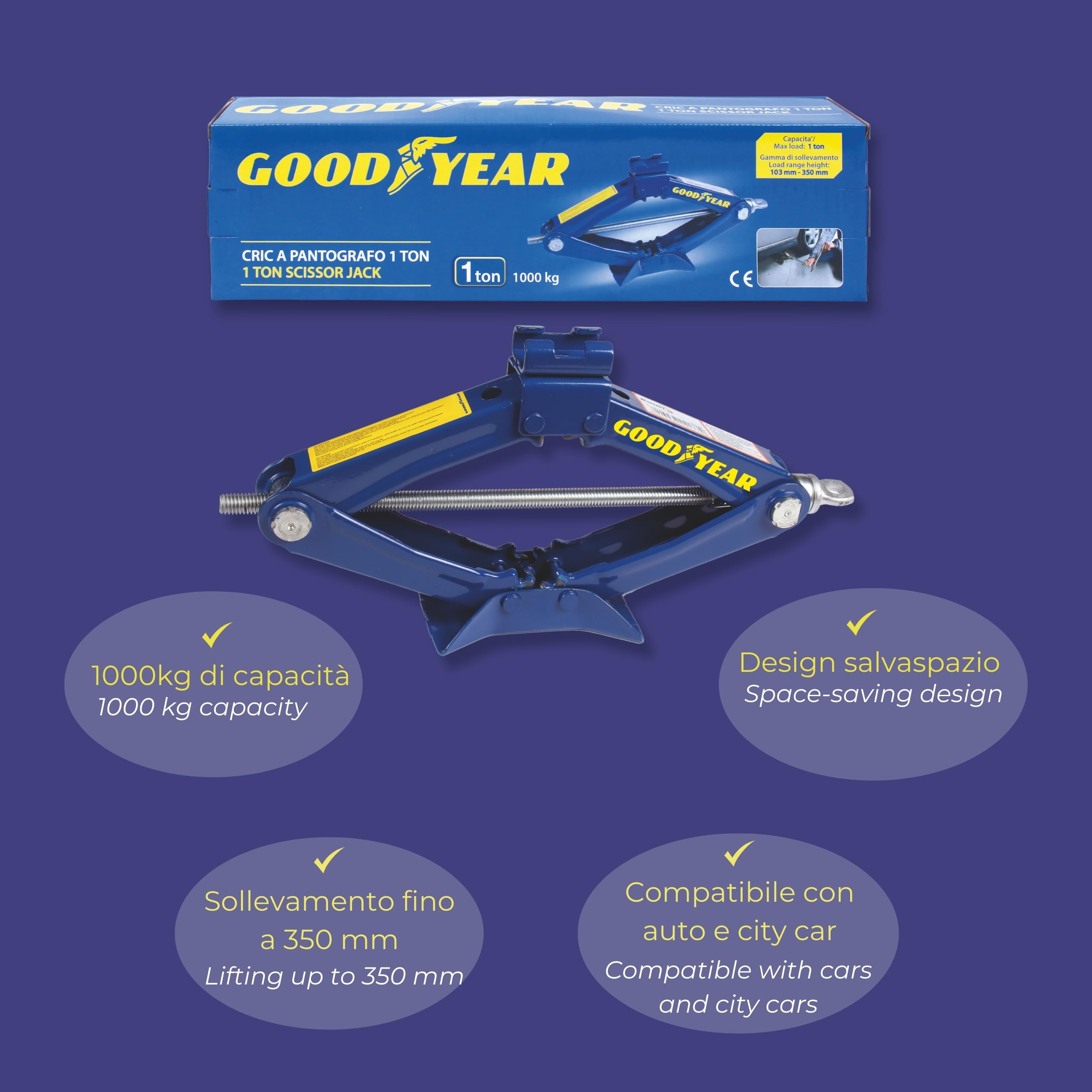 Goodyear 77467 Cric Pantografo, 1 t, Sollevamento, 95-350 mm