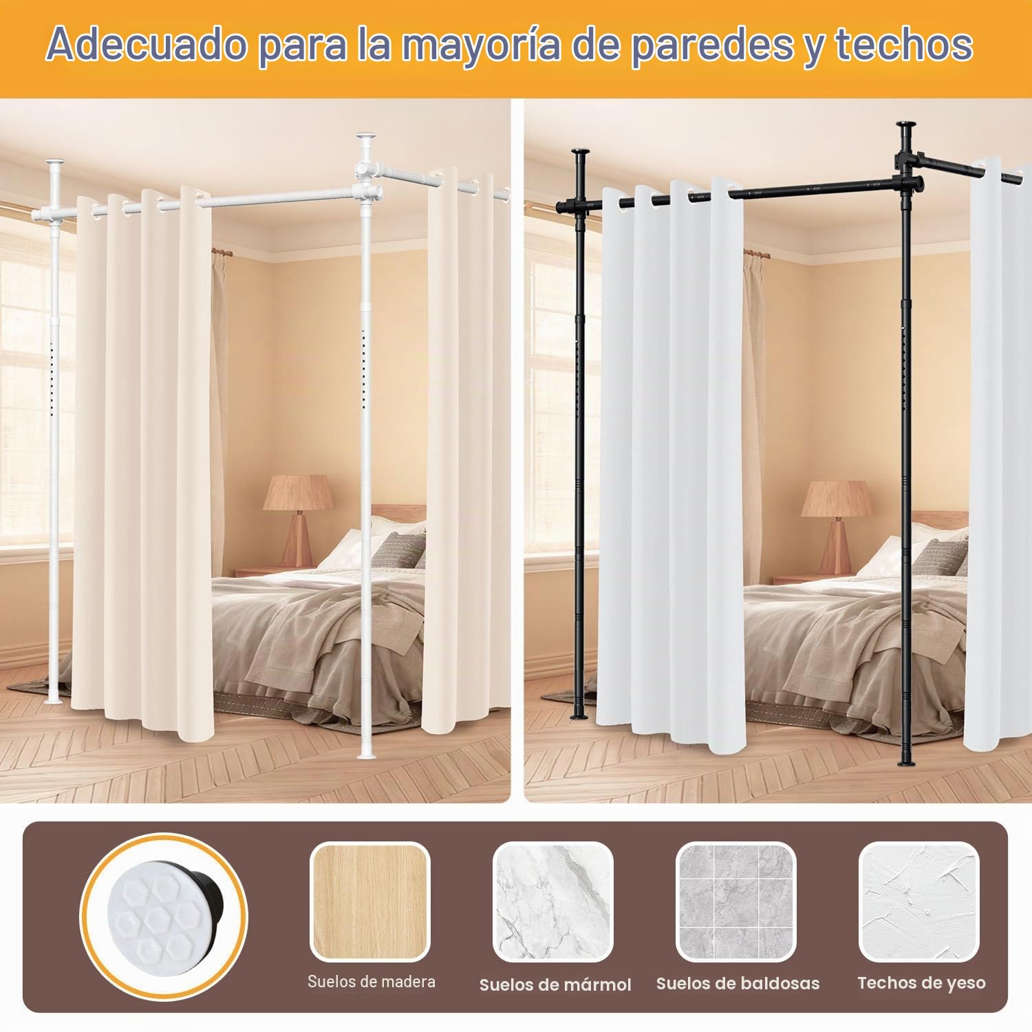 Separador de espacios sin necesidad de taladrar, barra para cortinas extra ancha como estructura para paravientos, separador de espacios independiente sin cortina, ancho 70-355 cm x alto 122-305 cm