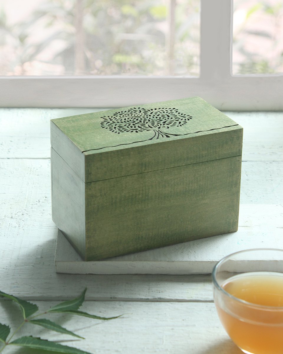 STORE INDYA Wooden Tea Storage Box Compact Organizer Handcrafted with Embossed Tree of Life Design