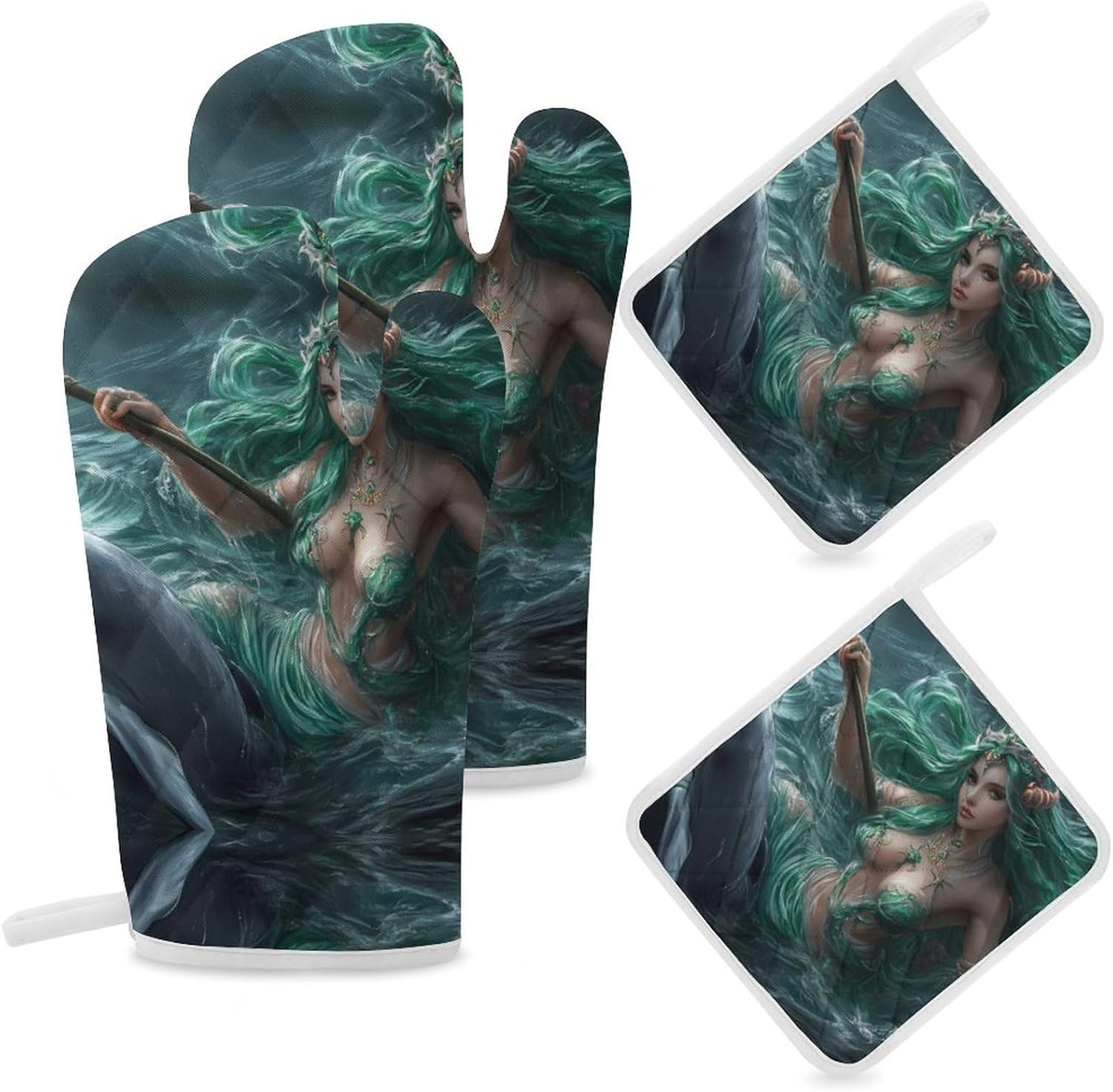 Ocean Goddess Dolphins Greek Myth Oven Mitts and Pot Holders 4Pcs Set Heat Resistant Cooking Mitts Hot Pads