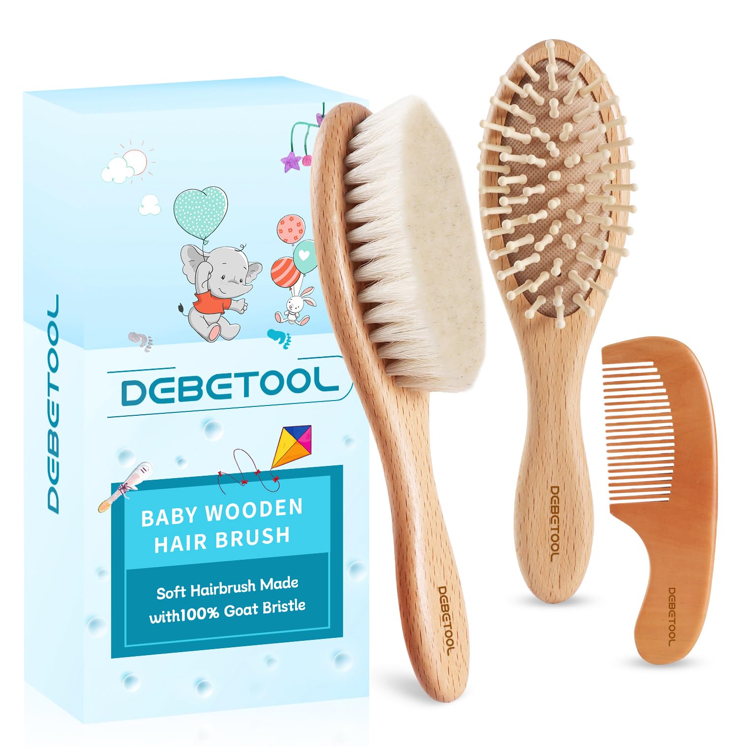 DEBETOOL Baby Hair Brush and Comb Set for Newborns & Toddlers - Wooden Baby Brush Set With Soft Goat Bristle and Toddler Comb, Ideal for Cradle Cap