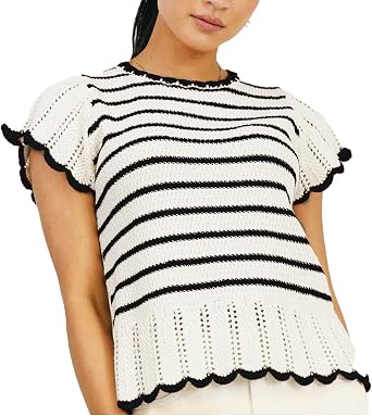 Women Striped Knitted Short Sleeve Round Neck Pullover Wave Trimmed Mesh Breathable Top Casual Loose Blouse