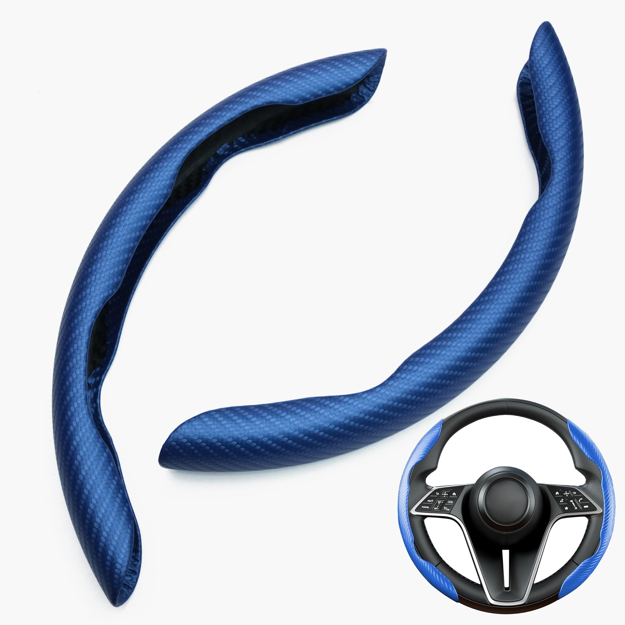 Store2508 Carbon Fibre Steering Wheel Grip Cover – Snap On Quick Installation, Non-Slip Comfortable Grip, Universal Fit for O D Double D Shape Steering Wheels (Blue)-image-30