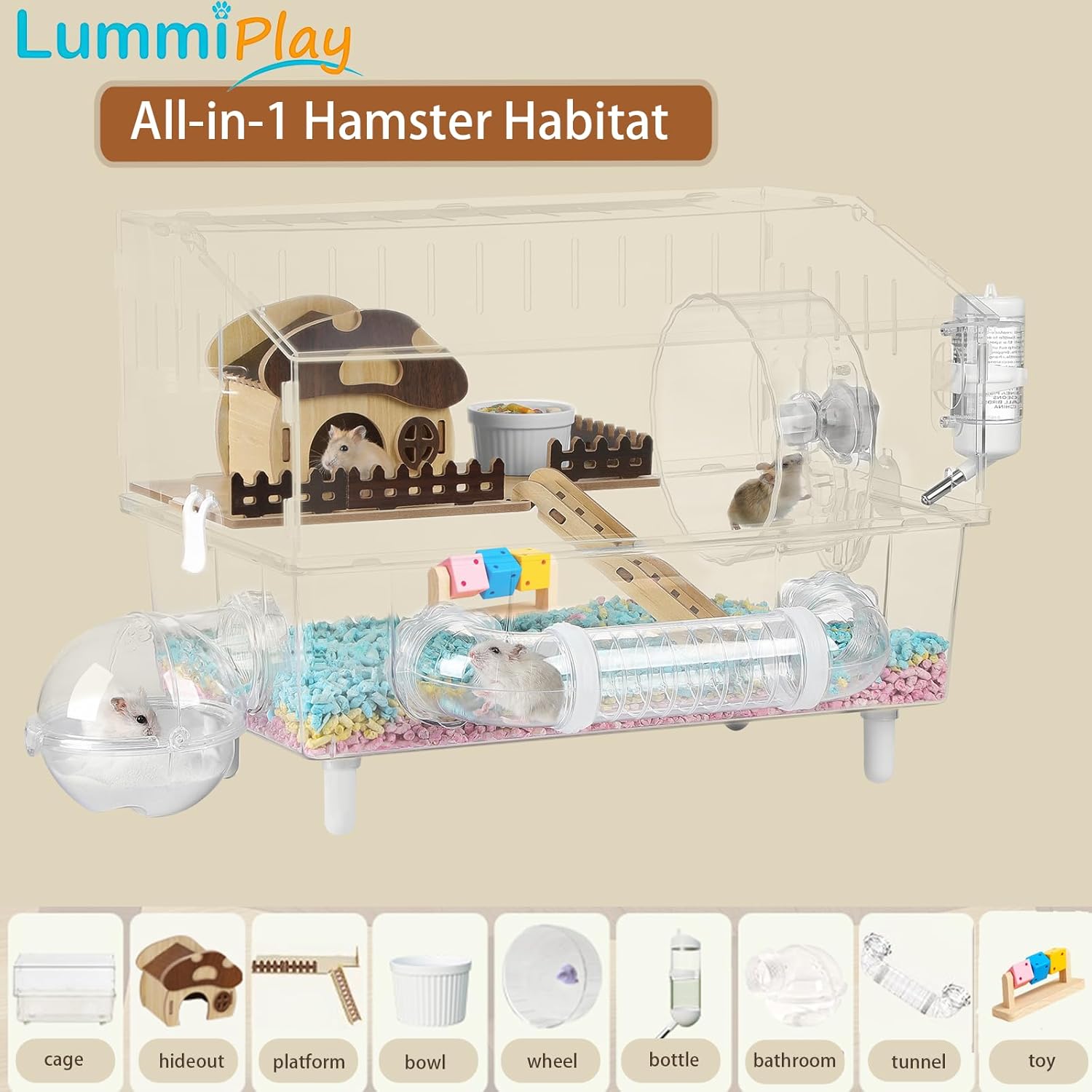 9 in 1 Acrylic Hamster Cage with all accessories and an activity tube,2-layer Hamster House,transparent viewing,top open Mouse Cage for pet mice,Hamster Habitat for Dwarf Hamster,Gerbils;18"x11"x13.4" transparent cage + a cube toy