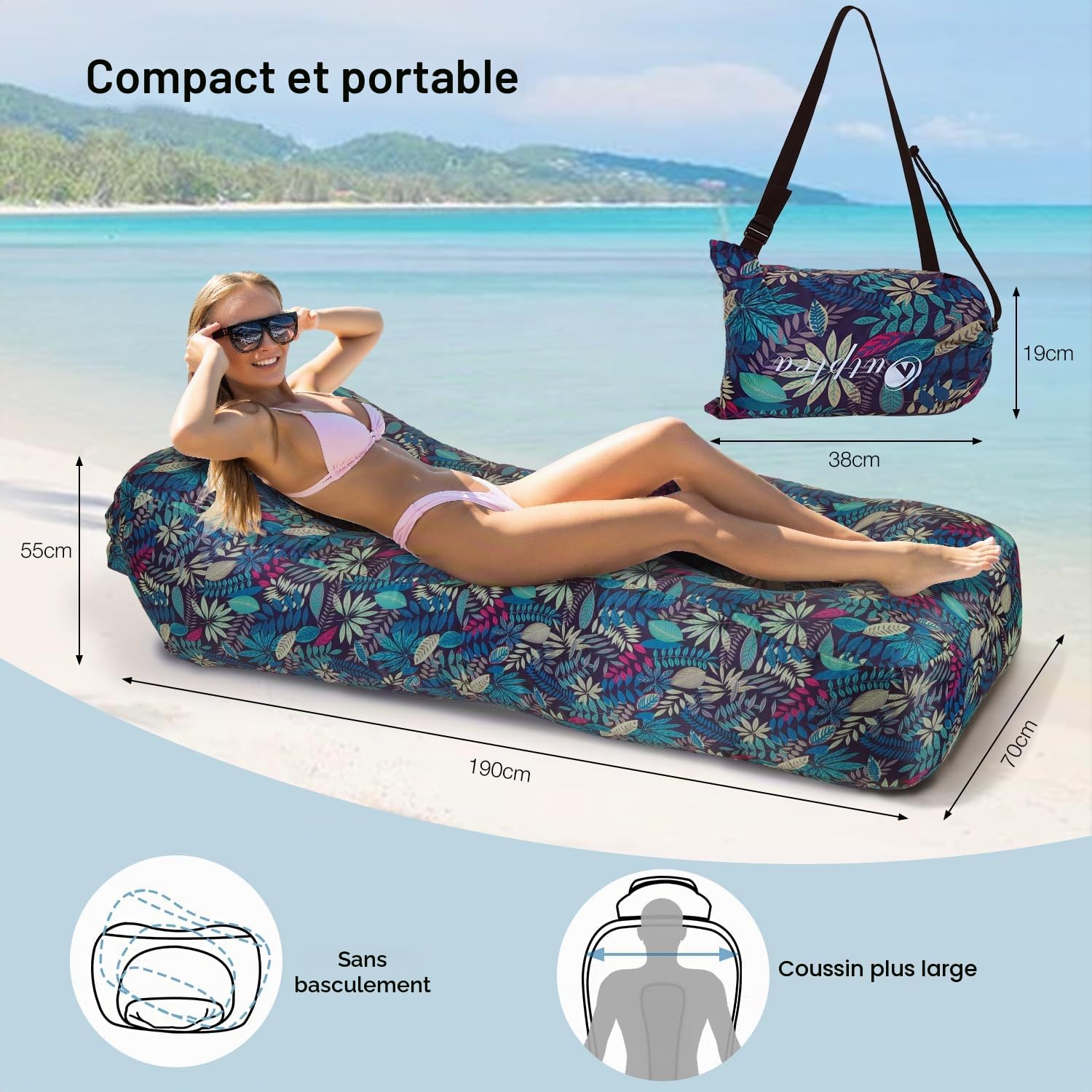 Hamac Gonflable avec Sac, Portable Canapé Gonflable Eau et Terre, Air Sofa Pouf Gonflable Exterieur pour Jardin Camping Plage Voyager, Bleu Tropical