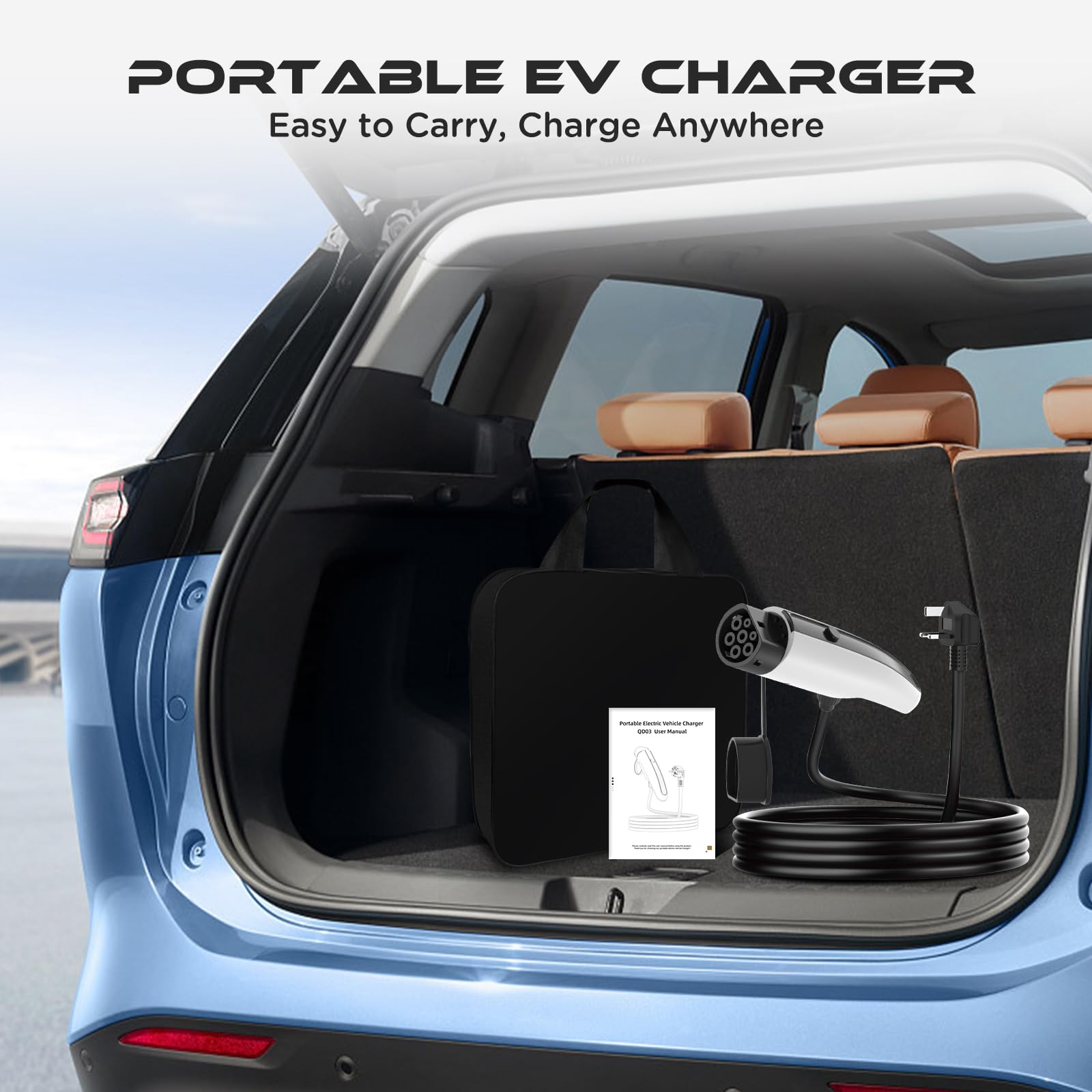 EV Charger Type 2 to 3 Pin Plug, Portable EV Charging Cable, 3kW [8/10/13A] Electric Car Charger for EVs and PHEVs with Storage Bag(White 7.5M) — view 7