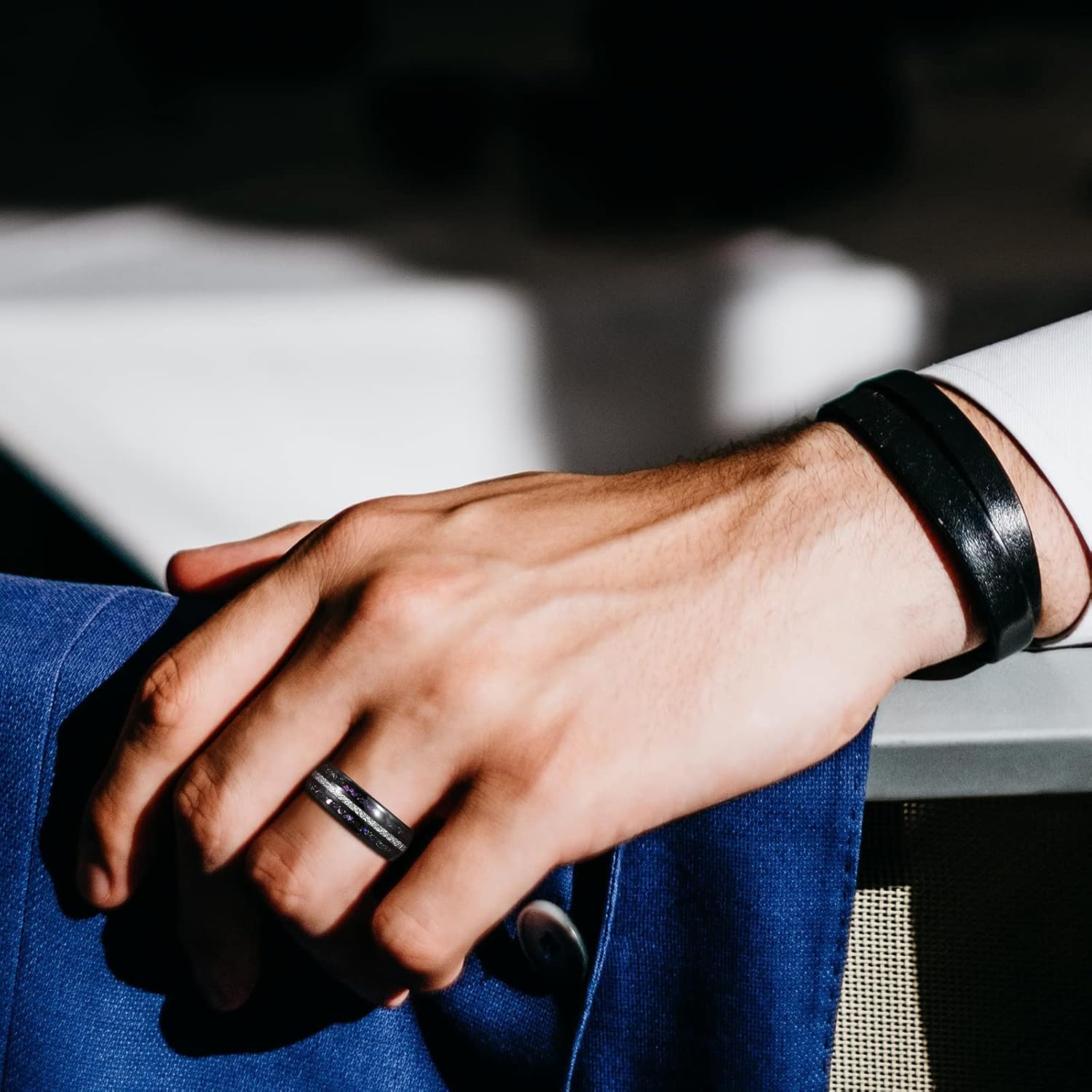 TRUMIUM Mens Wedding Rings 8mm Galaxy Opal and Meteorite Inlay Black Tungsten Carbide Ring Engagement Band Beveled Edges Comfort Fit Size 6-13 - Image 4