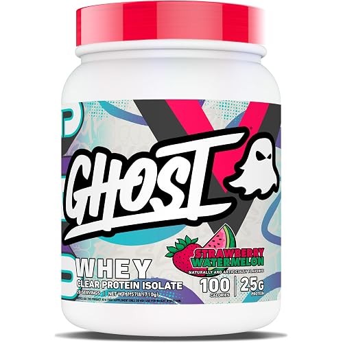 GHOST Clear Whey Protein Powder, Strawberry Watermelon - 25G Protein | Whey Isolate Post Workout Drink for Muscle Gain & Recovery - Sugar Free, Soy Free, & Zero Fat - 1.57LB Tub, 20 Servings