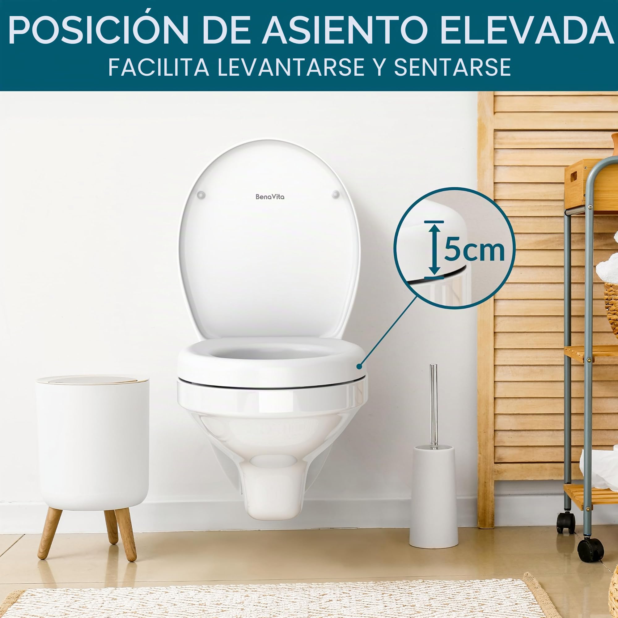 Elevador de Inodoro 5 cm Duroplast, Fijación Superior e Inferior | Asiento Elevado con Descenso Automático para Sentarse Cómodamente, Soporta hasta 175 kg, con Fijación Superior e Inferior