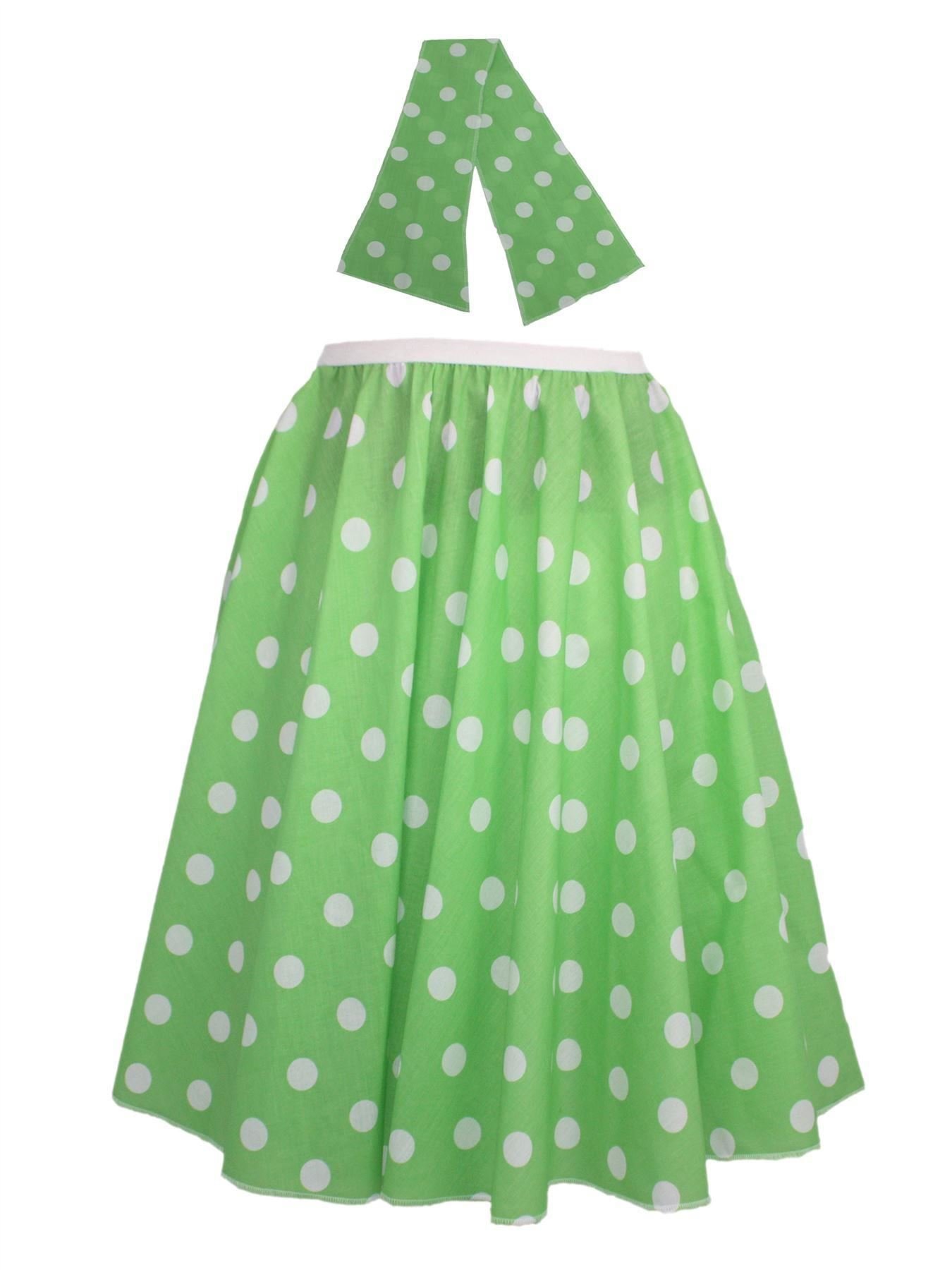 Adults 22" Length Lime Green & White Polka Dot Rock & Roll Skirt & Necktie Fancy Dress [L-XL]