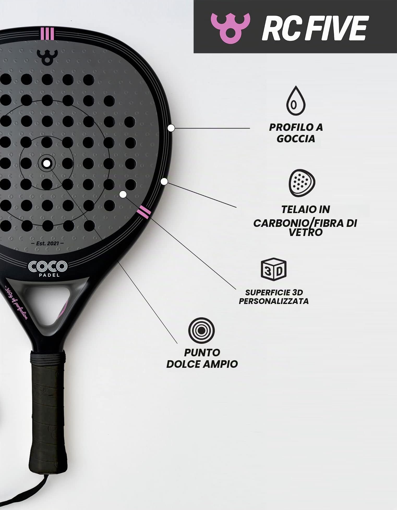 RC FIVE | Racchetta Padel | Design Unico e Cura Dettagli | Alta Qualità | Leggera | Forma a Goccia | Carbonio 3K con Motivo 3D | Anima EVA | Uomo e Donna | Principianti e Intermedi
