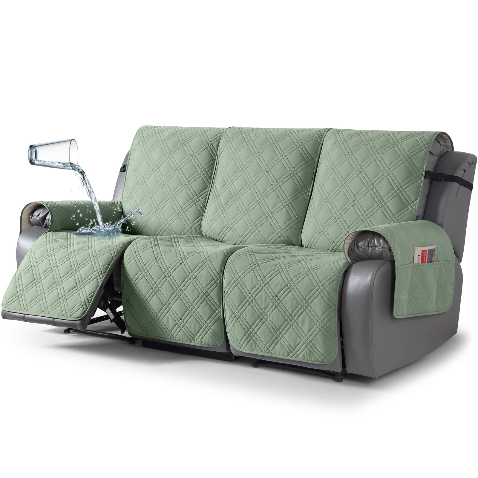 TAOCOCO 100% Waterproof Recliner Sofa Cover, Non Slip Split Couch Covers for Reclining Couches with Straps, Washable Reclining Sofa Cover Furniture Protector for Kids Pets(3 Seater, Sage Green)
