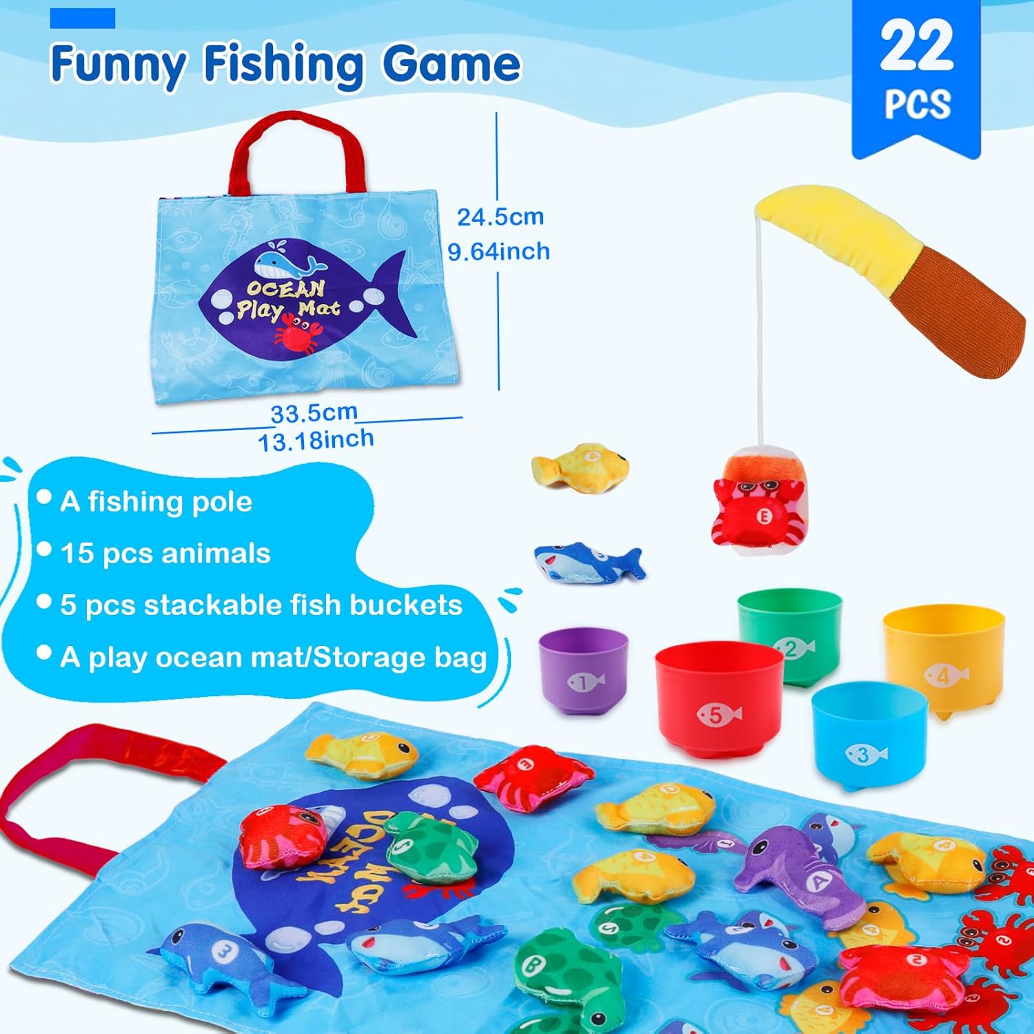 Montessori Toys for 1-2 Year Old - Cloth Ocean Fishing Game with Stacking Cups, Toddler Learning Toy for 12-18 Months, First Birthday Gifts for 1 Year Old Boy Girl, Learn Count and Sort Colors