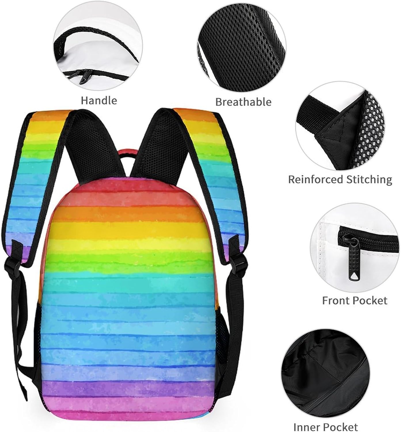 Rainbow Backpack Set School Bookbag with Lunch Bag Lightweight Pencil Case Pouch Bag (Rainbow, One Size)