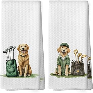 Golden Retriever Golfing Kitchen Towels Set of 2, Dog Gifts for Golf Lovers, Funny Kitchen Stuff, Sports Gifts, Pet Golf Club Decorative Tea Towels Dish Towel, 16x24 Inch