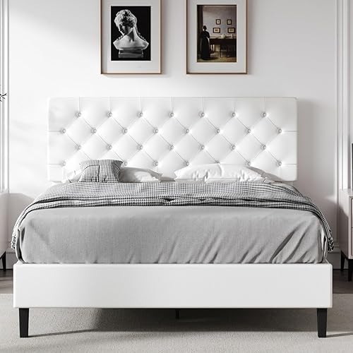 Miniatura 12 de Marco de cama matrimonial con cabecero, plataforma tapizada de piel sintética, marco de cama negro tamaño matrimonial, soporte de listones de Negro