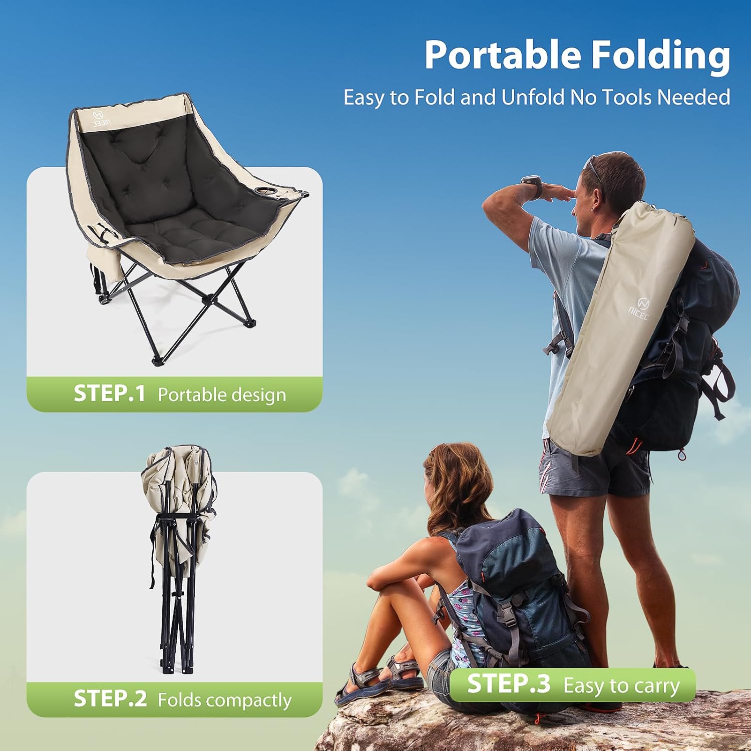 Nice C Padded Camping Chair, Oversized Camping Chairs, Oversized Thick Padded Folding Chairs, Outdoor Sports Chair, Heavy Duty, with Cooler Bag, Cup Holder, Side Pockets (1 Pack)