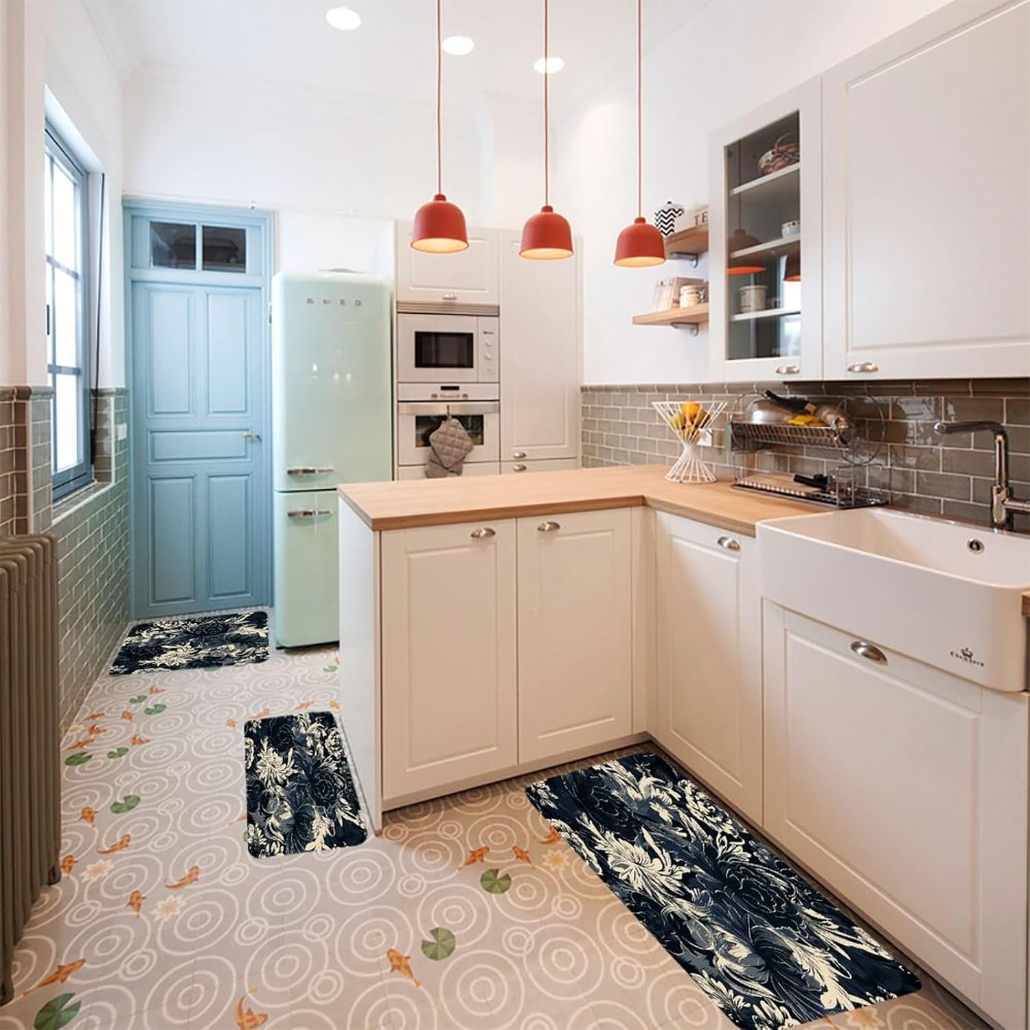 Black Flower Pattern 3-Piece Kitchen Rug Indoor Door Mat | Non-Slip Kitchen Mat for Profile Absorbent, Moisture-Wicking and Breathable for Bathroom Laundry Room Bedroom Home Decor