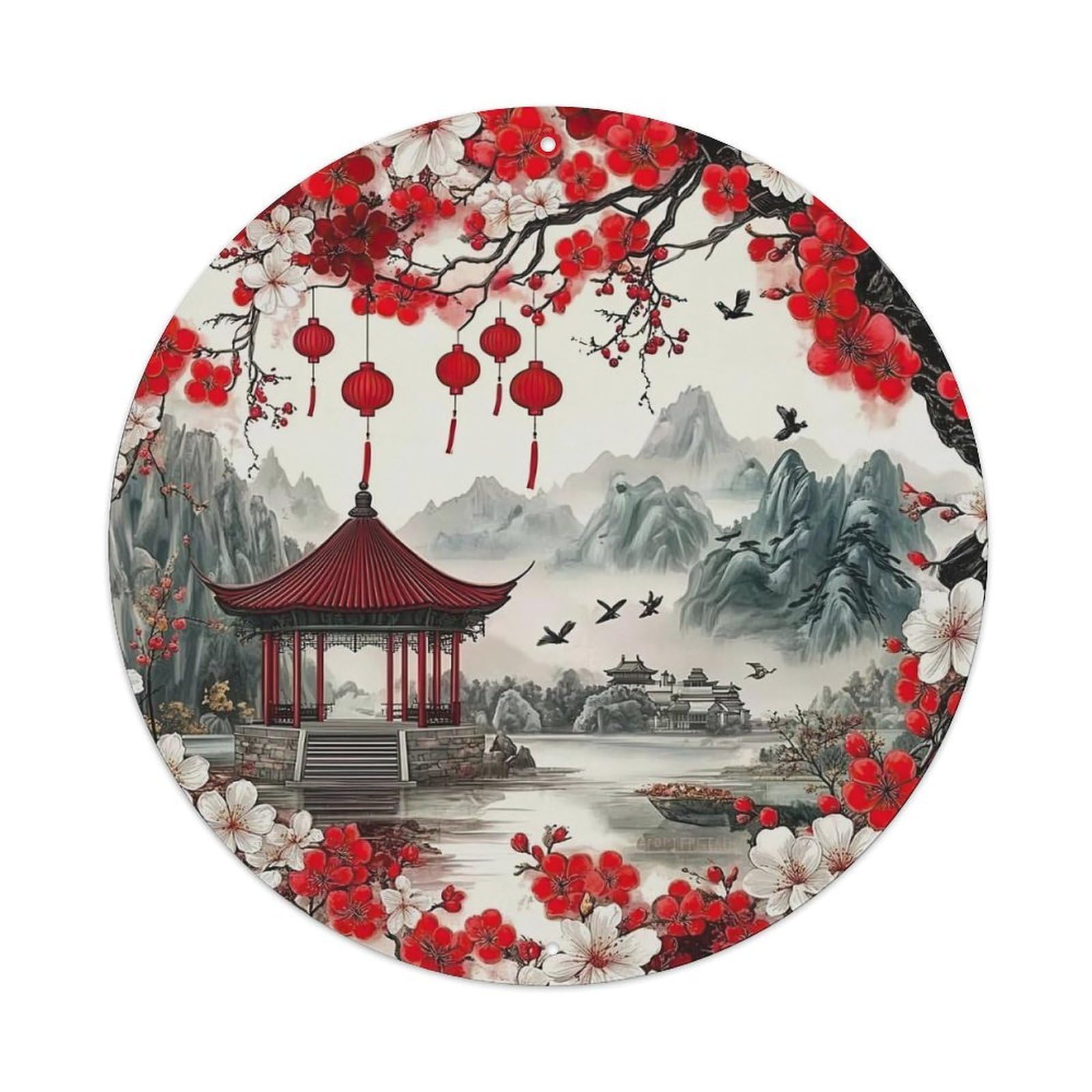 Chinese Garden Lanterns Blossoms Mountains Metal Tin Sign