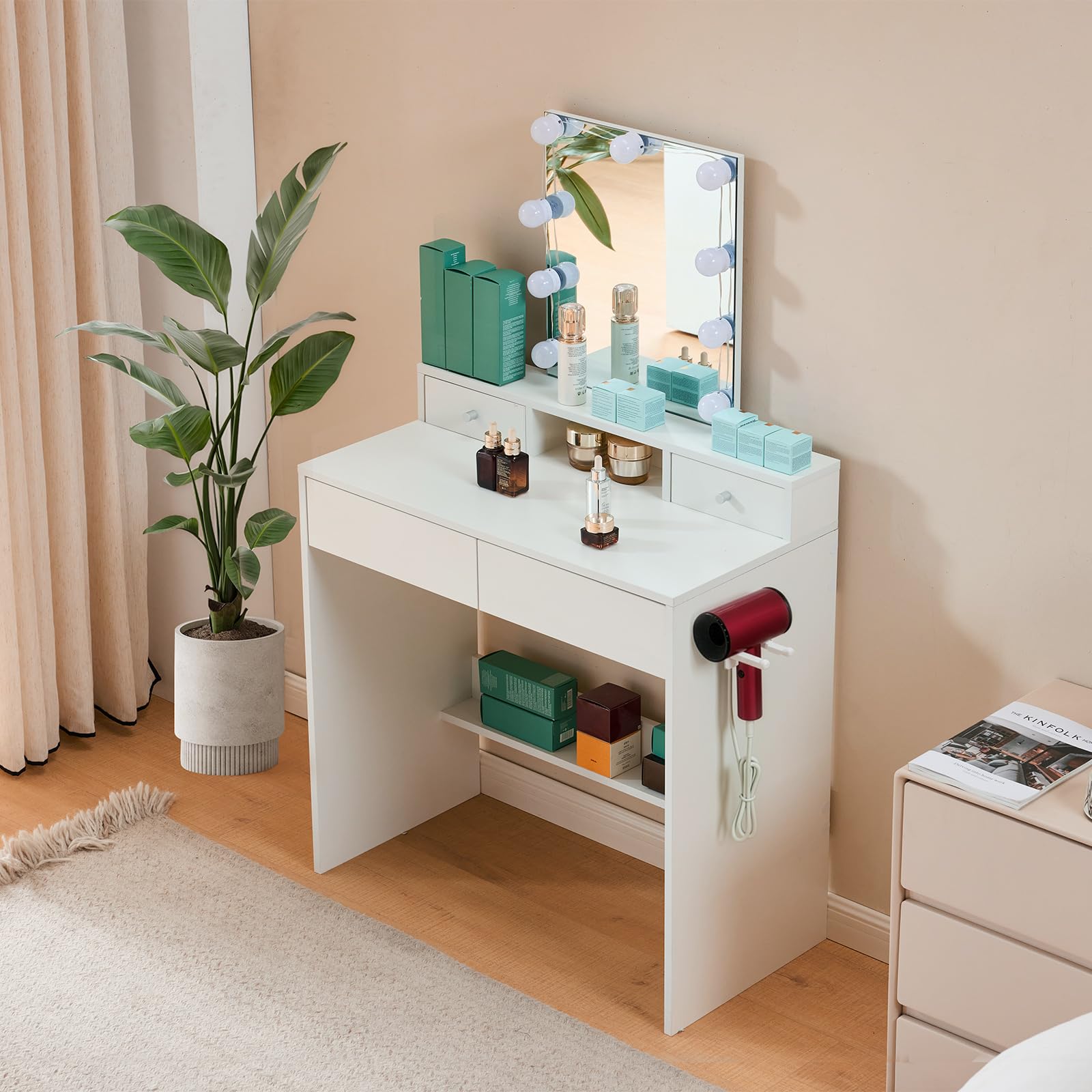 LEADZM Coiffeuse avec Miroir LED 3 Couleurs Réglables, 4 Tiroirs, 1 Porte-Sèche-Cheveux, 80x40x130 cm (Blanc)