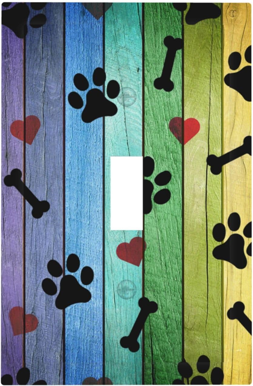 Decorative Light Switch Cover Dog Paw Colorful Retro Wood Single Toggle Outlet Wall Plate Cover 1 Gang Electrical Device Faceplate Switchcover for Farmhouse Bedroom Kitchen Living Room Decor image 2