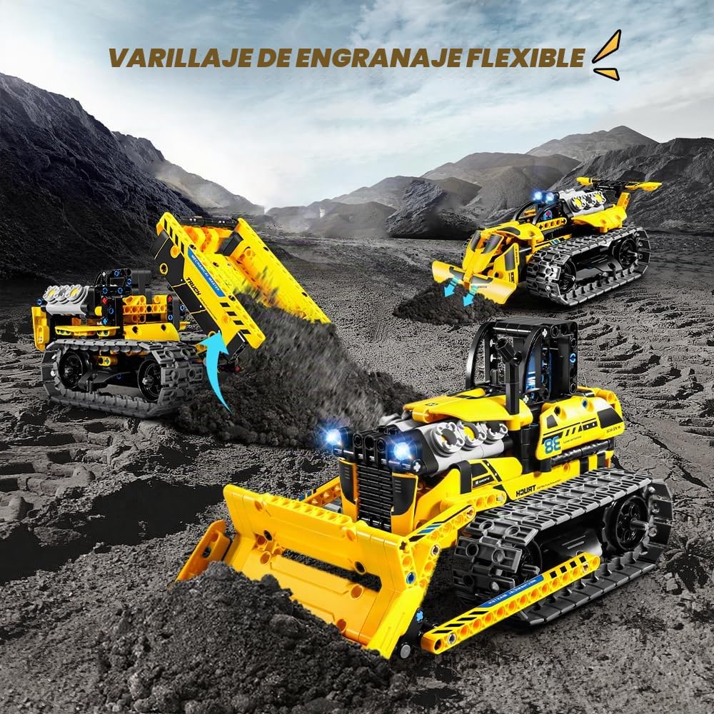 PLAXSOON Technic Vehículo de Construcción Teledirigido Juego de Construcción con Batería Recargable, 3-en-1 RC STEM Technic Bulldozer Camión Volquete Bloques de Construcción 452 Piezas, Regalo para