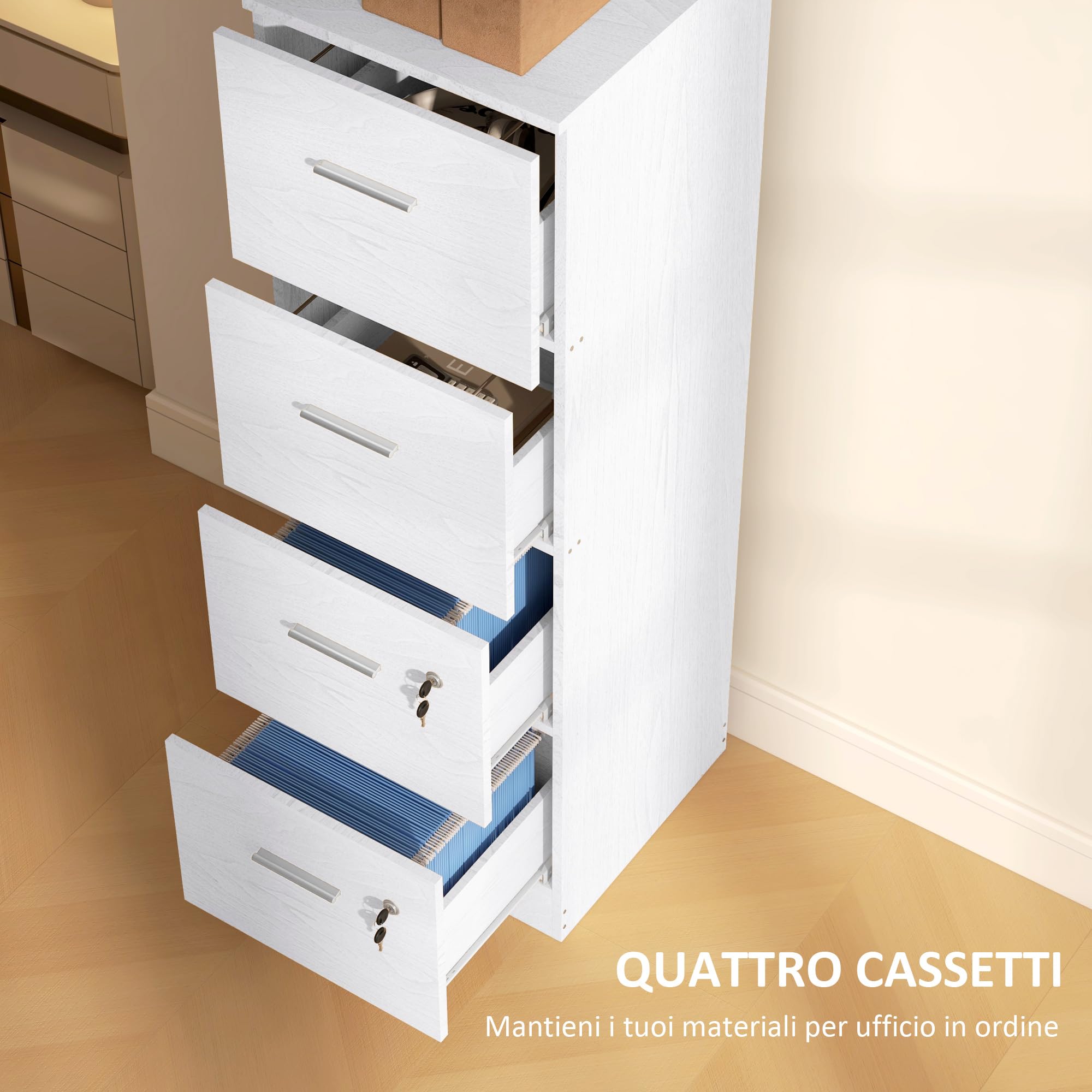 HOMCOM Schedario da Ufficio con 4 Cassetti, Cassettiera Ufficio con Serratura e Chiavi per Lettera/Formato A4, Armadietto Verticale per Casa, 40x42x131 cm, Bianco