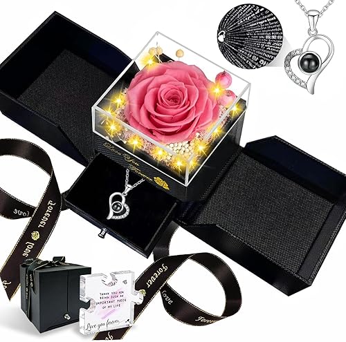 Miniatura 13 de Rosa real preservada, flores eternas, rosa para el día de la madre, para mamá, mujer, esposa, novia, en cumpleaños, San Valentín, con collar "I Love