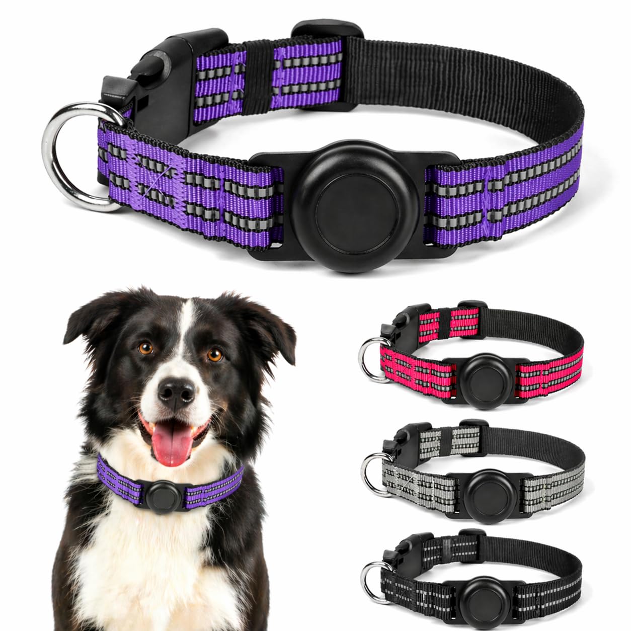Purple Black Reflective Nylon Dog Collar with AirTag Holder for Night Visibility Outdoor Adventures - Adjustable Secure Plastic Buckle Durable Metal D-Ring for Small Medium Large Puppies Daily Walks