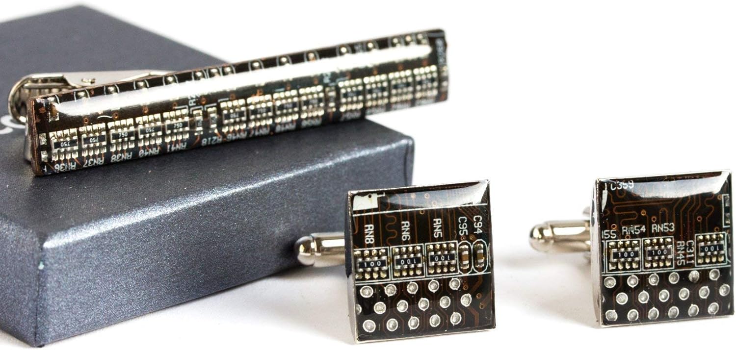 Unique Cufflinks and Tie Clip set, recycled circuit board jewelry for men