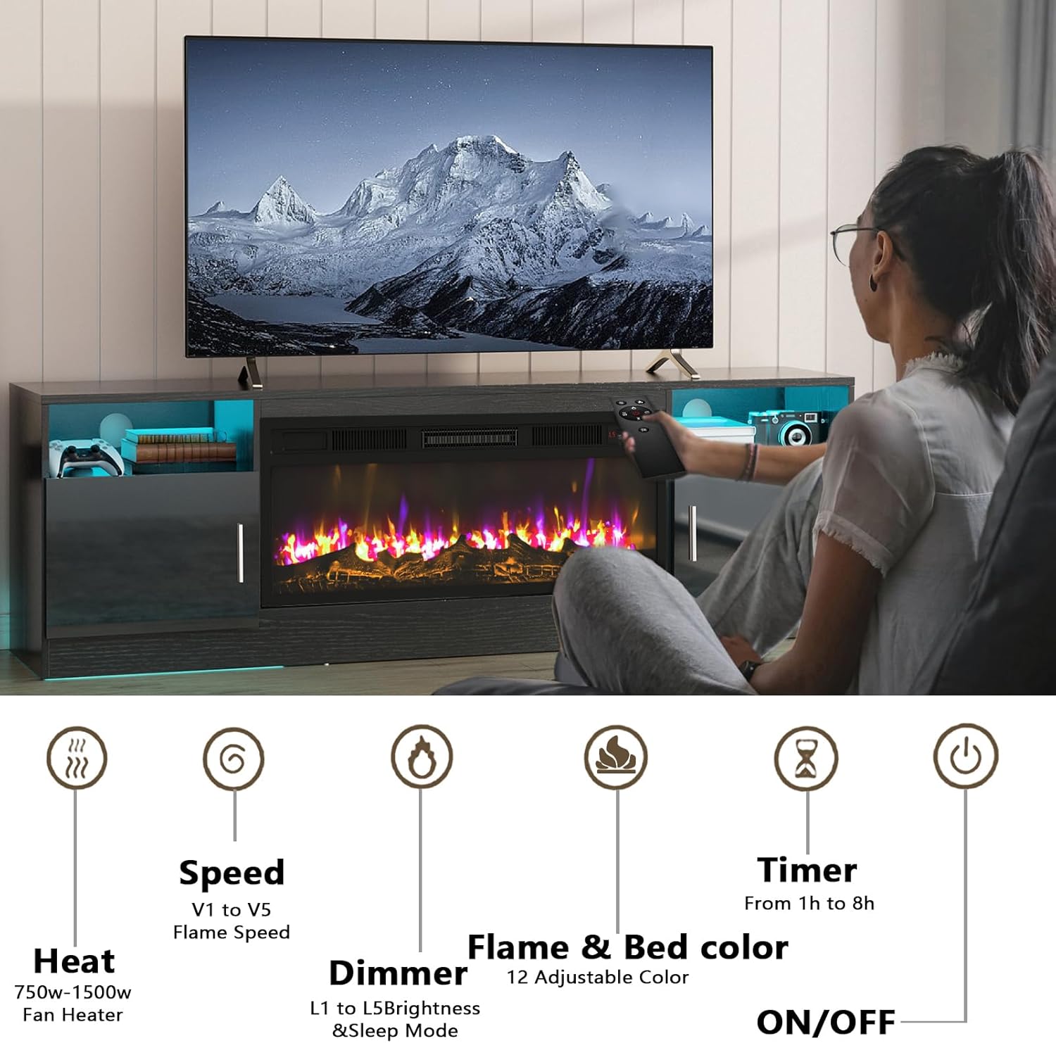 PUKAMI 70“ Fireplace TV Stand with 36" Electric Fireplace for TVs Up to 80", LED Light Entertainment Center with Highlight Storage Cabinet, Modern Wood Media TV Console for Living Room, Black