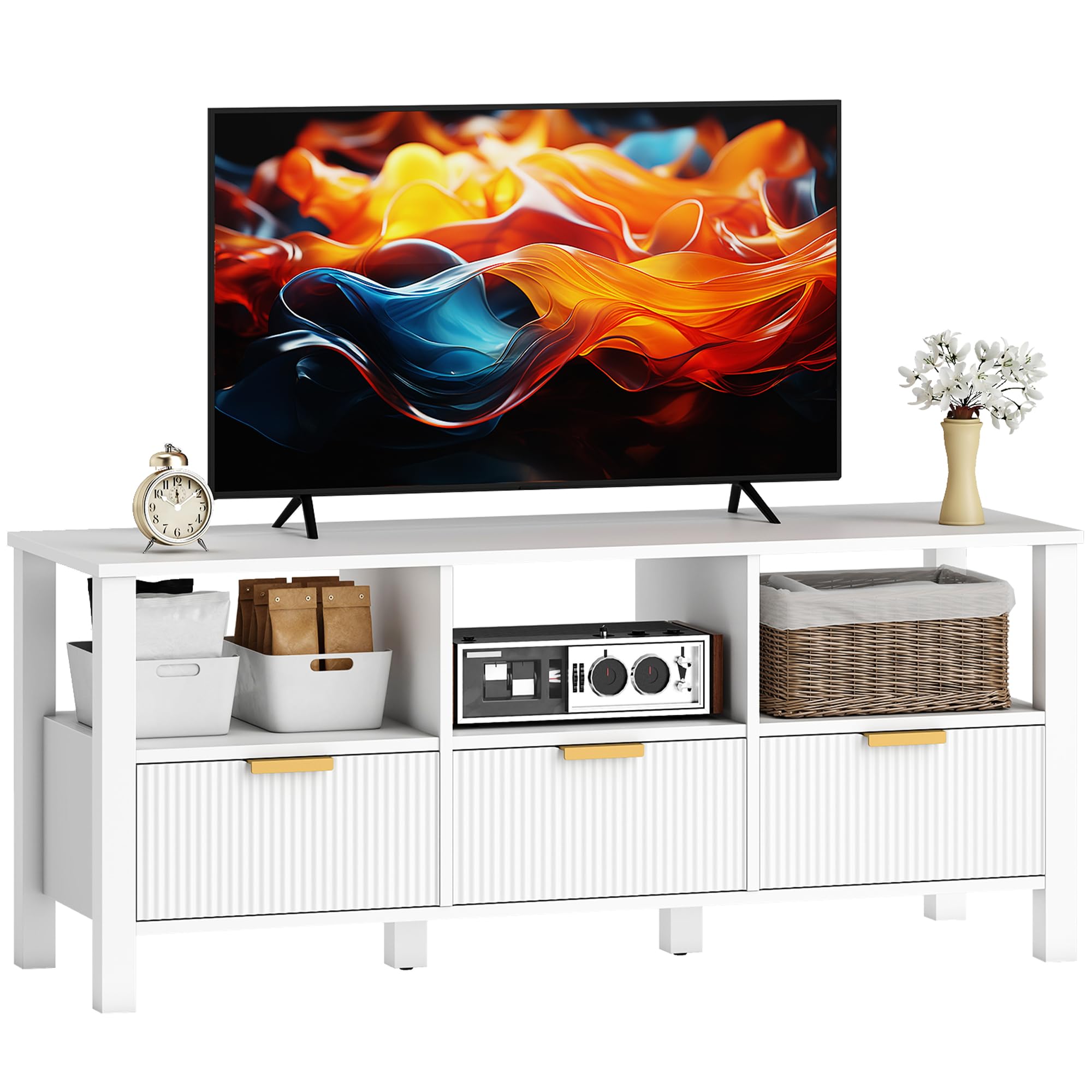 HOMCOM Mueble de TV Moderno para Salón, Mesa TV con 3 Cajones y 3 Estantes Abiertos, para Televisión de 43-55 Pulgadas, 120x39,5x50 cm, Blanco