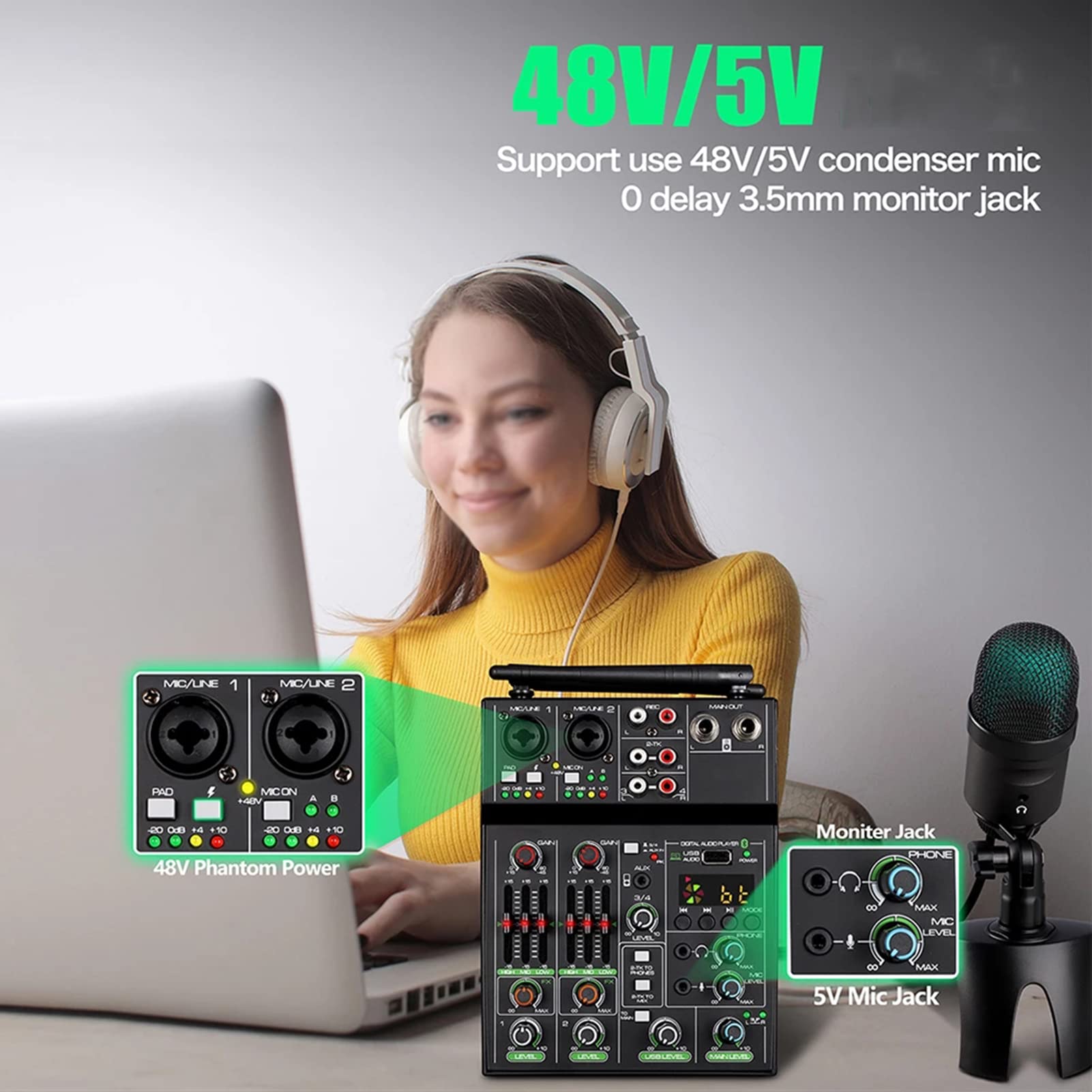 Amazon.co.jp: ワイヤレスマイクスタジオ付きポータブル4チャンネルUSB