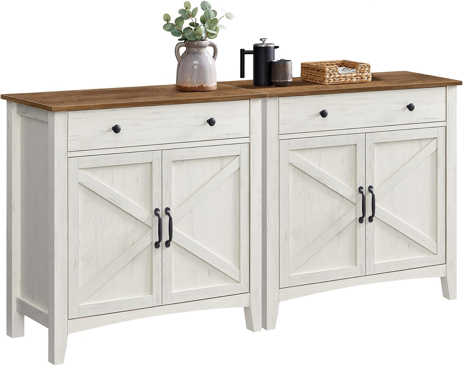 VASAGLE Buffet Cabinet Set of 2, Sideboard Cabinets with Storage and Drawer, with Doors, Height Adjustable Shelf, Farmhouse Style, for Living Room, Kitchen, Rustic White and Honey Brown