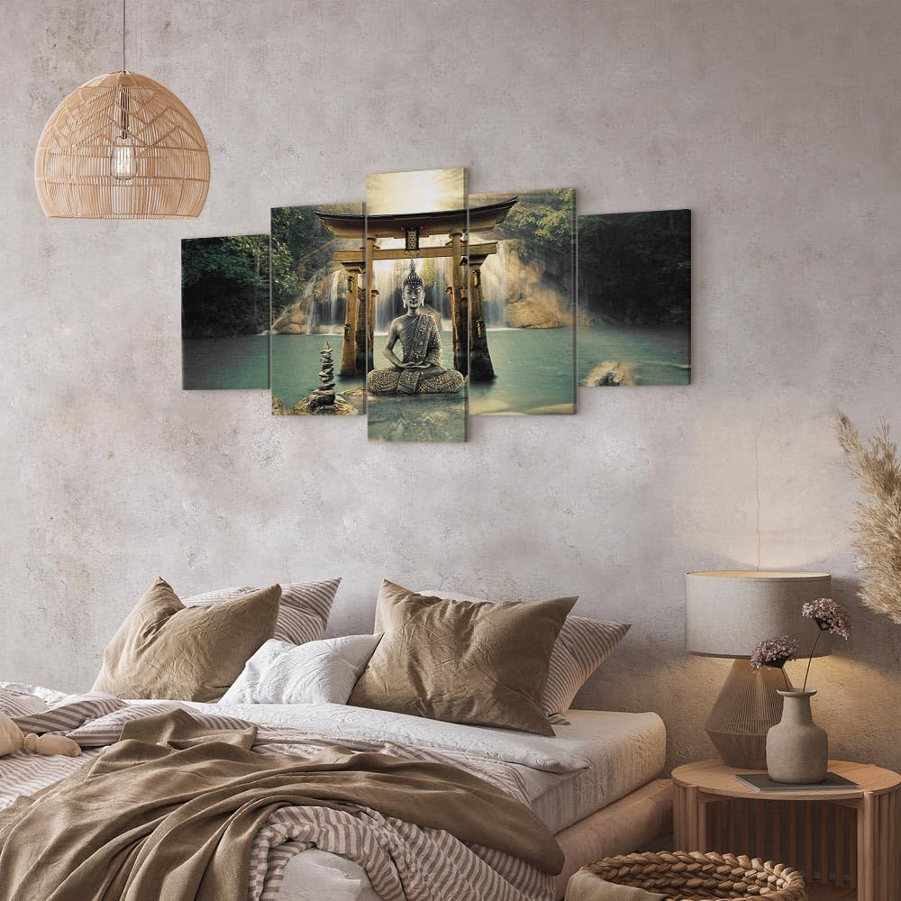 murando Cuadro en Lienzo Buda 200x100 cm Impresión de 5 Piezas Material Tejido no Tejido Impresión Artística Imagen Gráfica Decoracion de Pared Oriente Zen Cascada p-A-0033-b-n